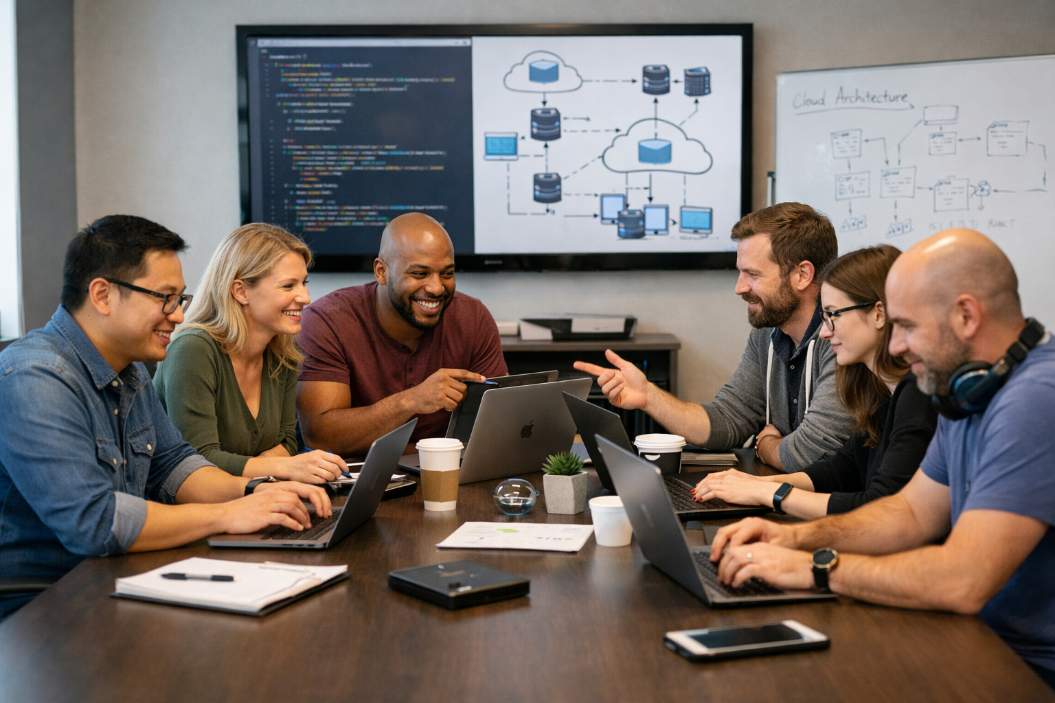 group of IT professionals working in the conference room around the table