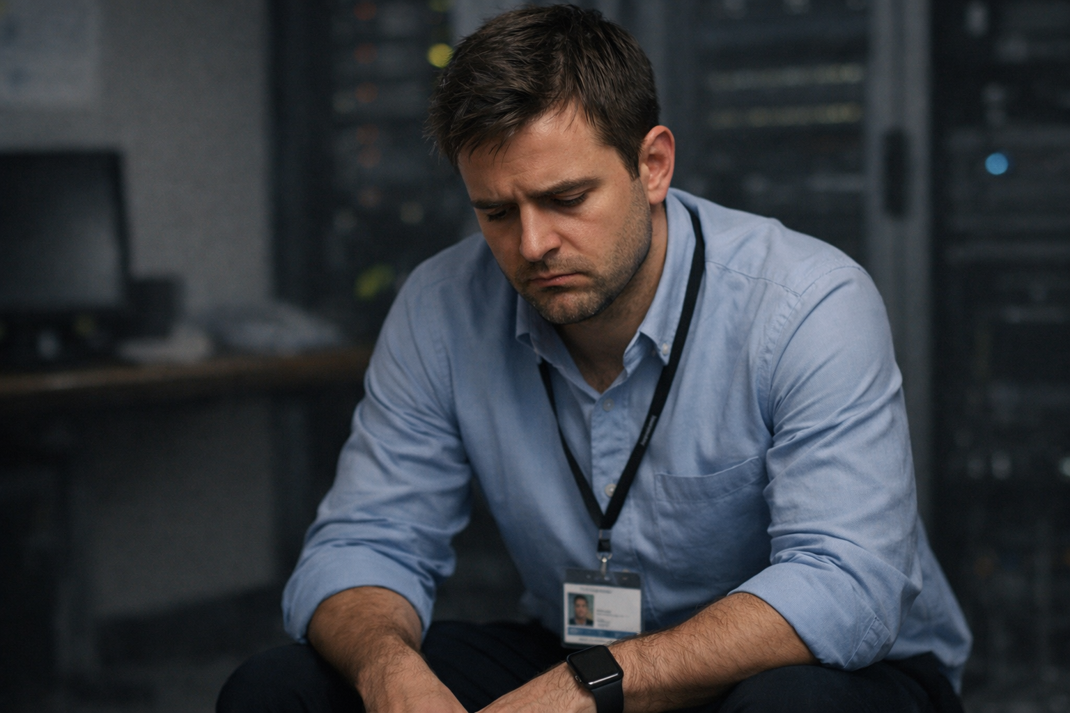 single IT professional not smiling looking at the ground frowning sitting down