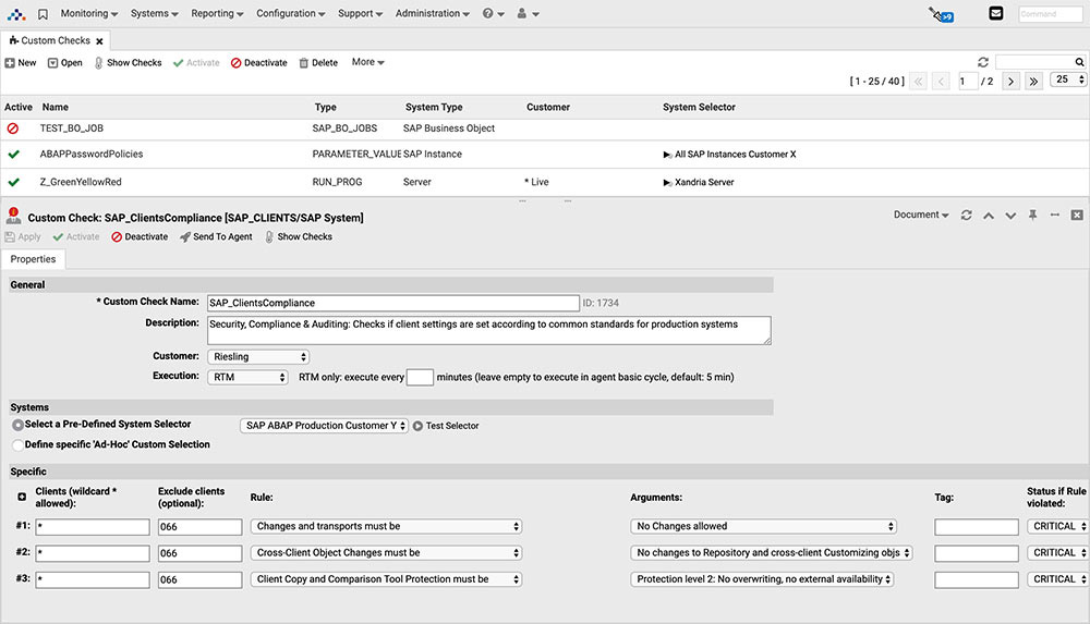 Software screenshot to show the custom checks that are available within Avantra’s sap system monitoring software.