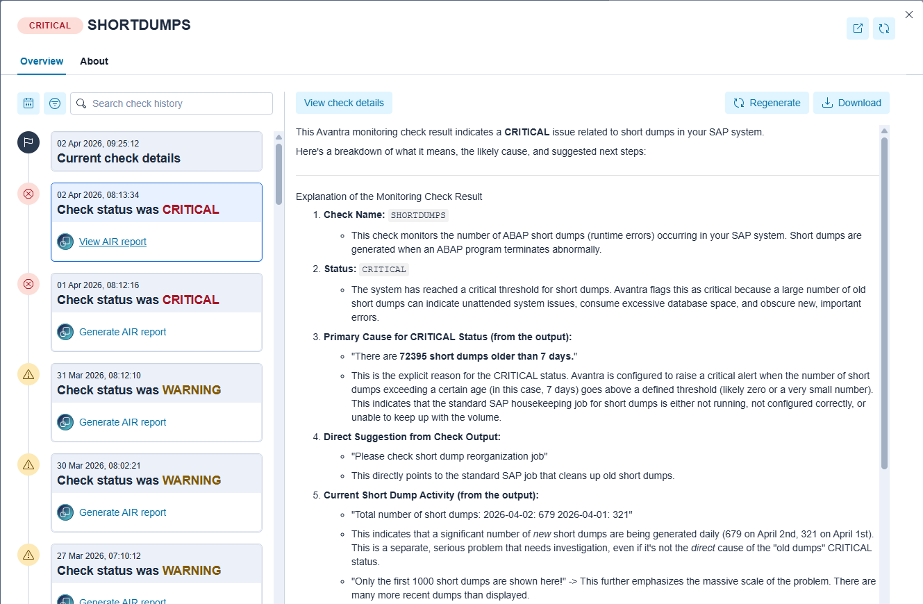 A monitoring report for SAP Shortdumps showing a Critical status. The analysis explains that 72,395 short dumps older than 7 days were detected, suggesting a failure in the SAP housekeeping or reorganization job.