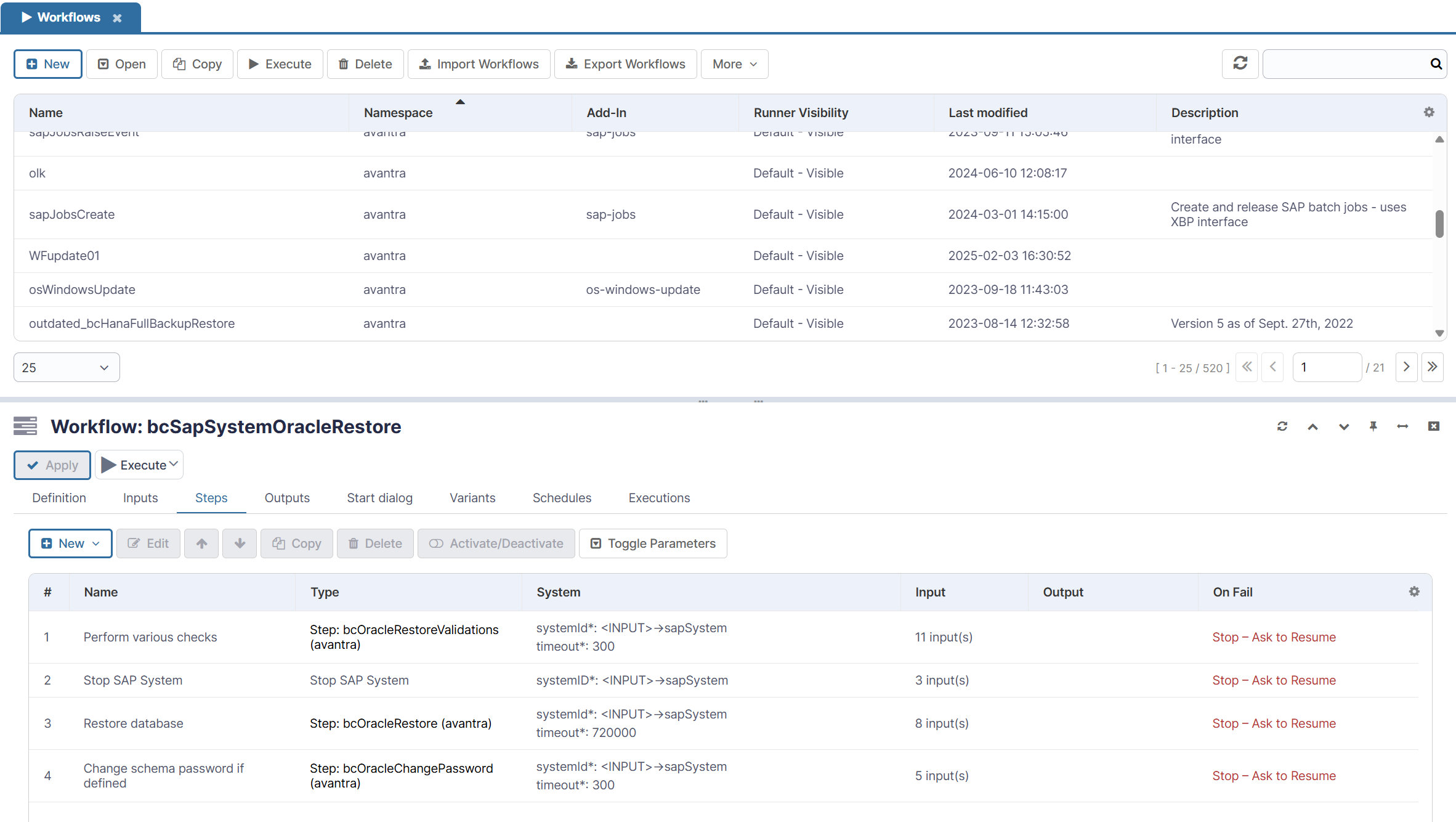 Screenshot einer Schnittstelle zur Infrastrukturautomatisierung. Im oberen Bereich wird eine Liste von Workflows wie „sapJobsCreate“ und „osWindowsUpdate“ angezeigt. Im unteren Bereich wird ein bestimmter Workflow namens „bcSapSystemOracleRestore“ mit vier Schritten detailliert dargestellt: Verschiedene Prüfungen durchführen, SAP-System anhalten, Datenbank wiederherstellen und Schema-Passwort ändern.