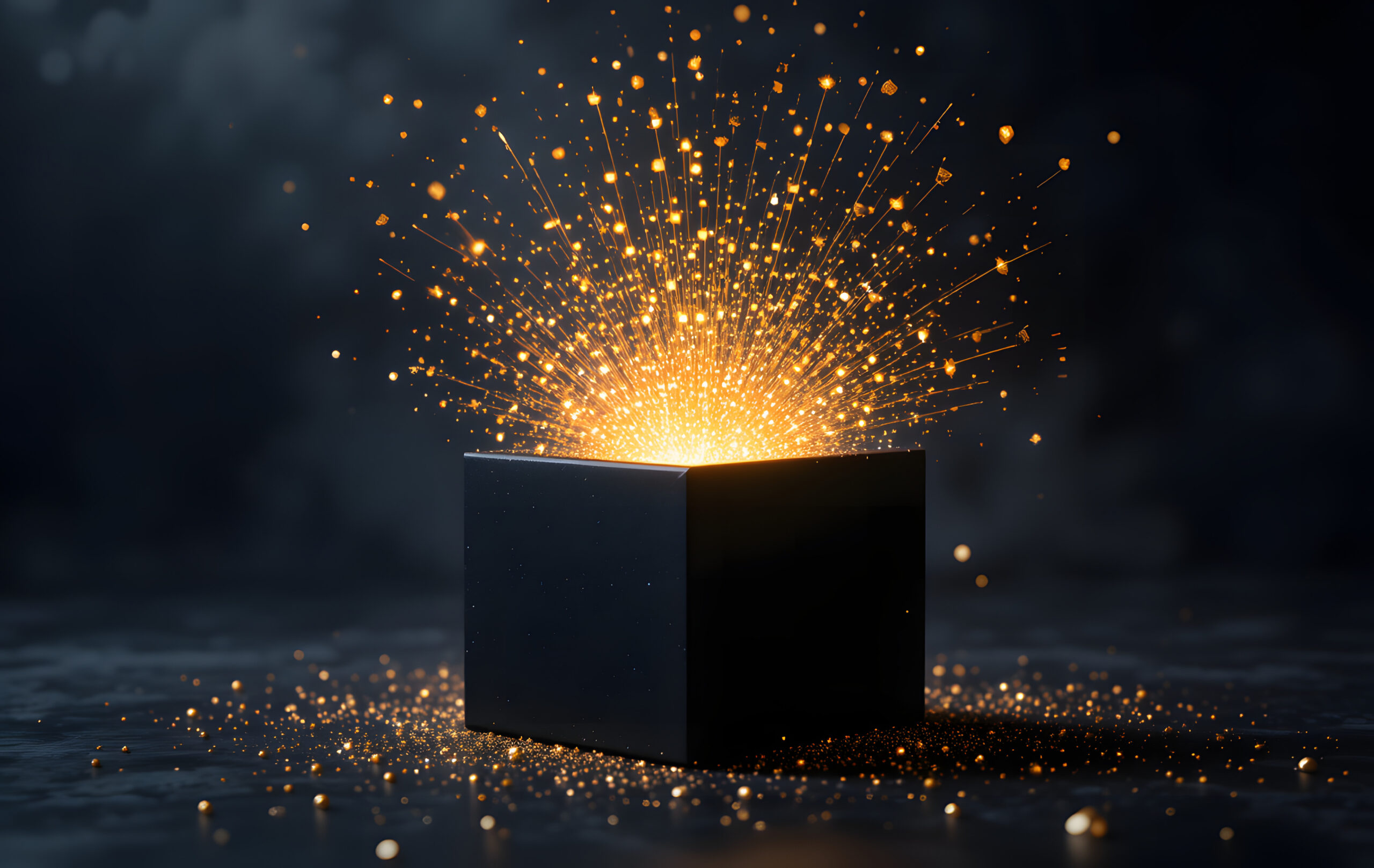 Dark box with bursting golden light and particles representing revealing insights from IT's black box