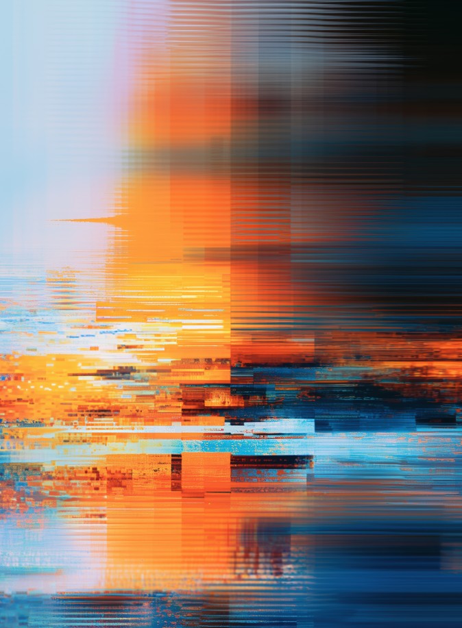 Blurred blue and orange digital glitch pattern representing fragmented visibility and alert fatigue
