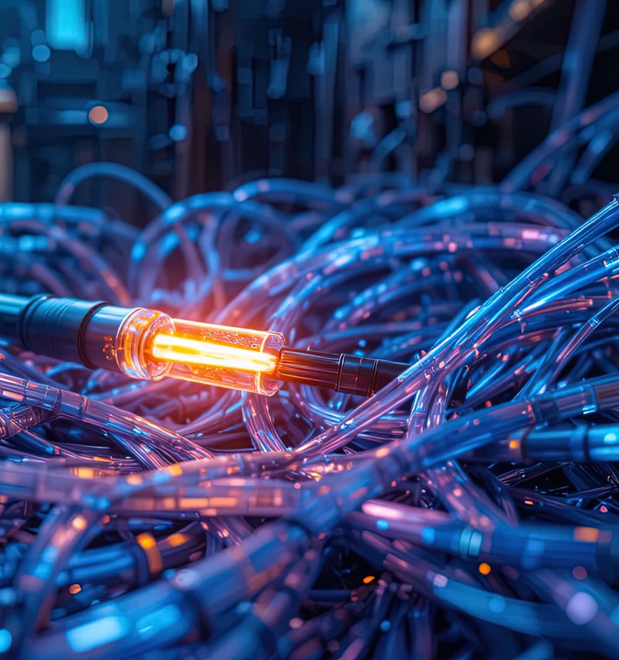 Tangled blue cables with one glowing orange connector representing fragmented SAP tooling costs