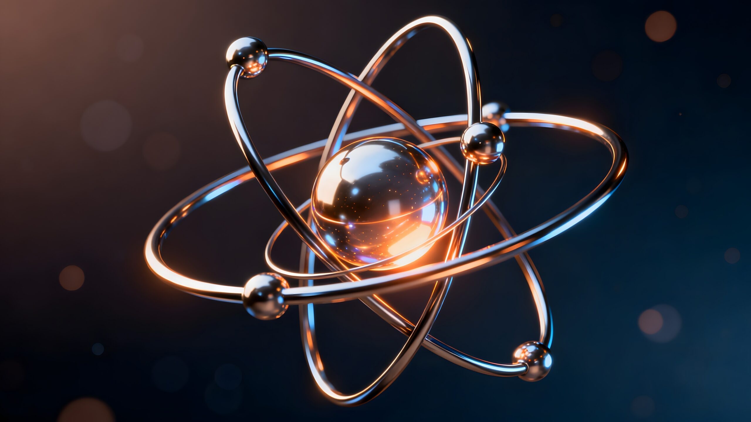 Atomic model with orbiting rings around a glowing core representing AIOps unifying business and IT