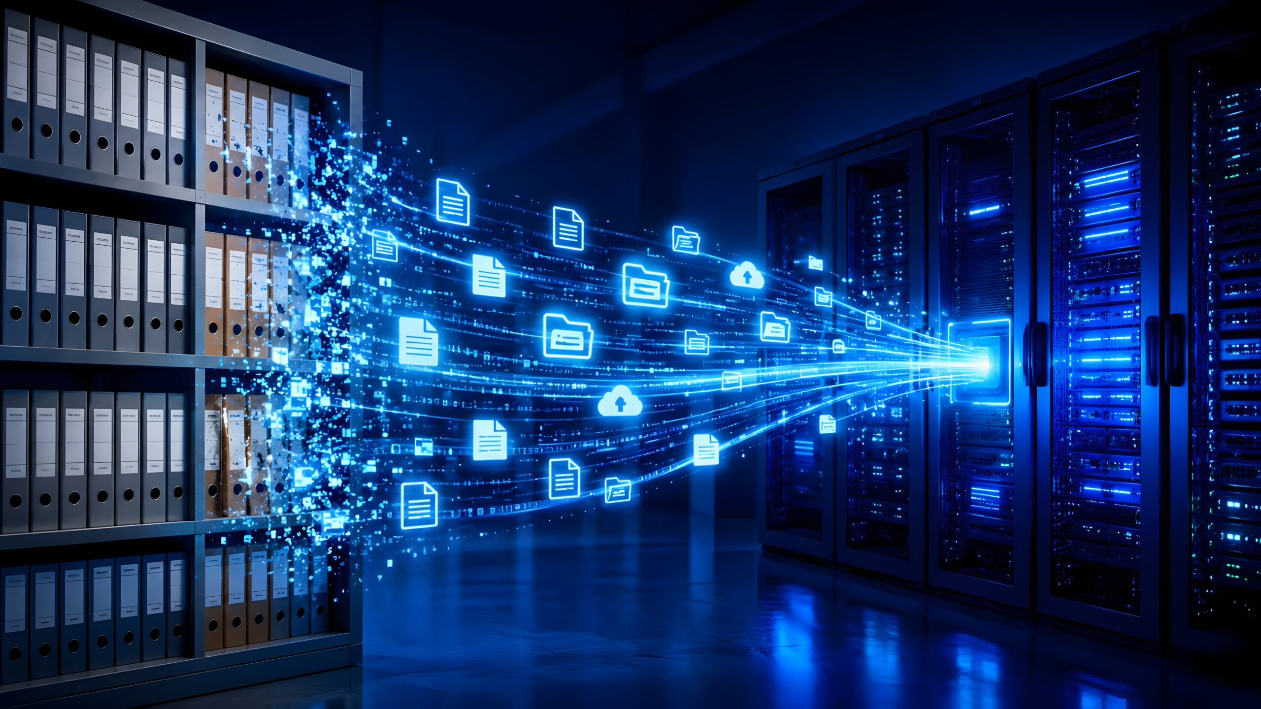 Digital transformation and data migration concept featuring physical archive files converting into glowing digital streams within a modern server rack SAP Cloud ALM vs Solution Manager