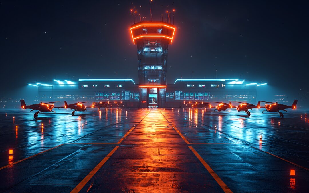 Illuminated control tower with orange and blue lights overseeing aircraft representing SAP migration monitoring