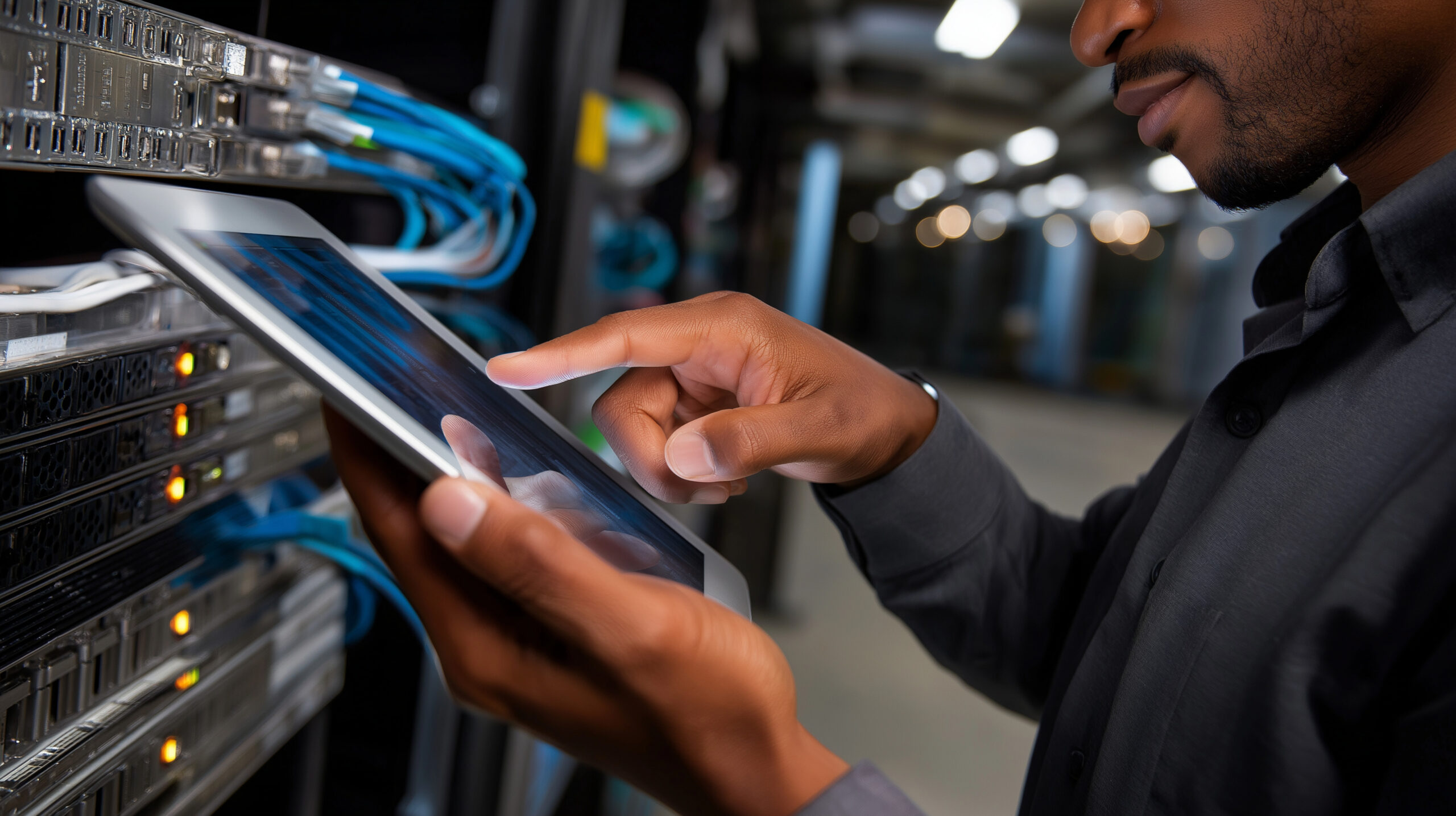 Engineer checking server ports with tablet in hand SAP Patch Validation