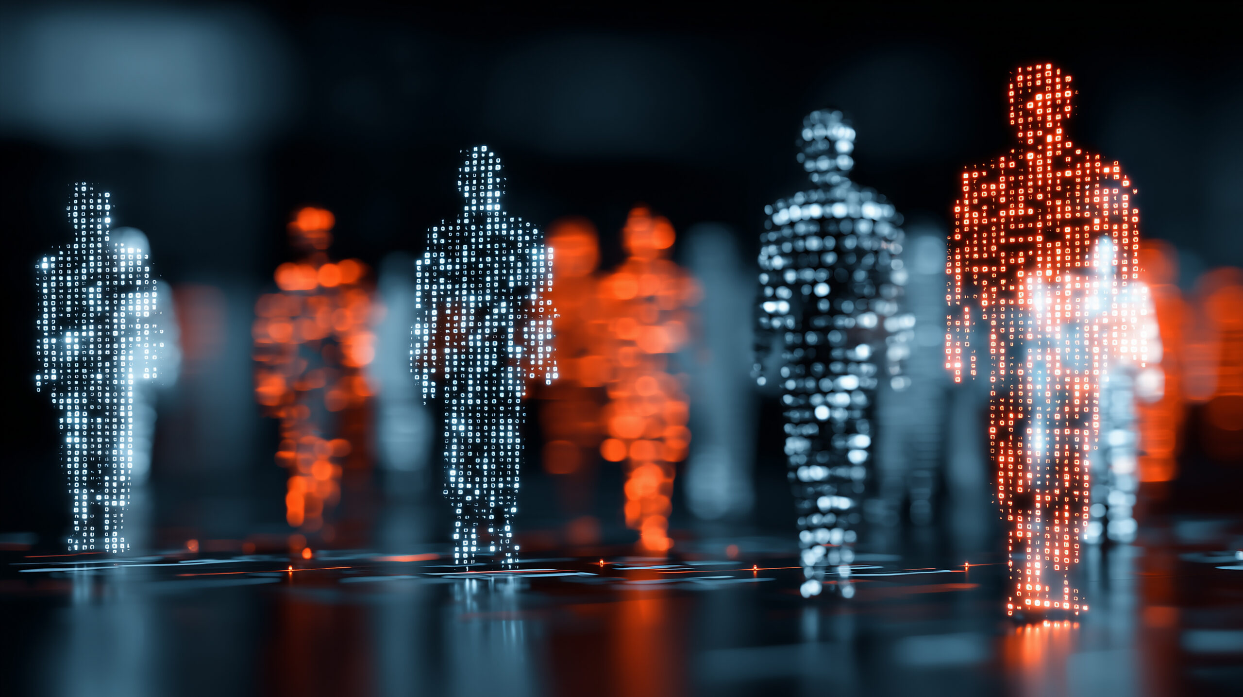 The Hidden Costs of Hybrid SAP Landscapes The Human Toll of Transformation Digital human figures in blue and orange particles representing the human toll of hybrid SAP transformation
