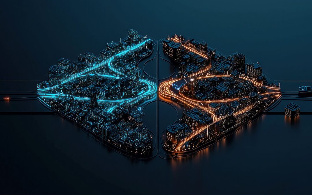 Cityscape split into glowing blue and orange halves representing the divide between business and IT