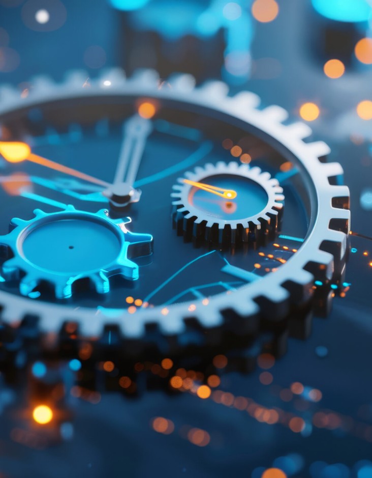 Glowing 3D digital gears representing SAP Landscape Manager automation and the 2027 end of support deadline.