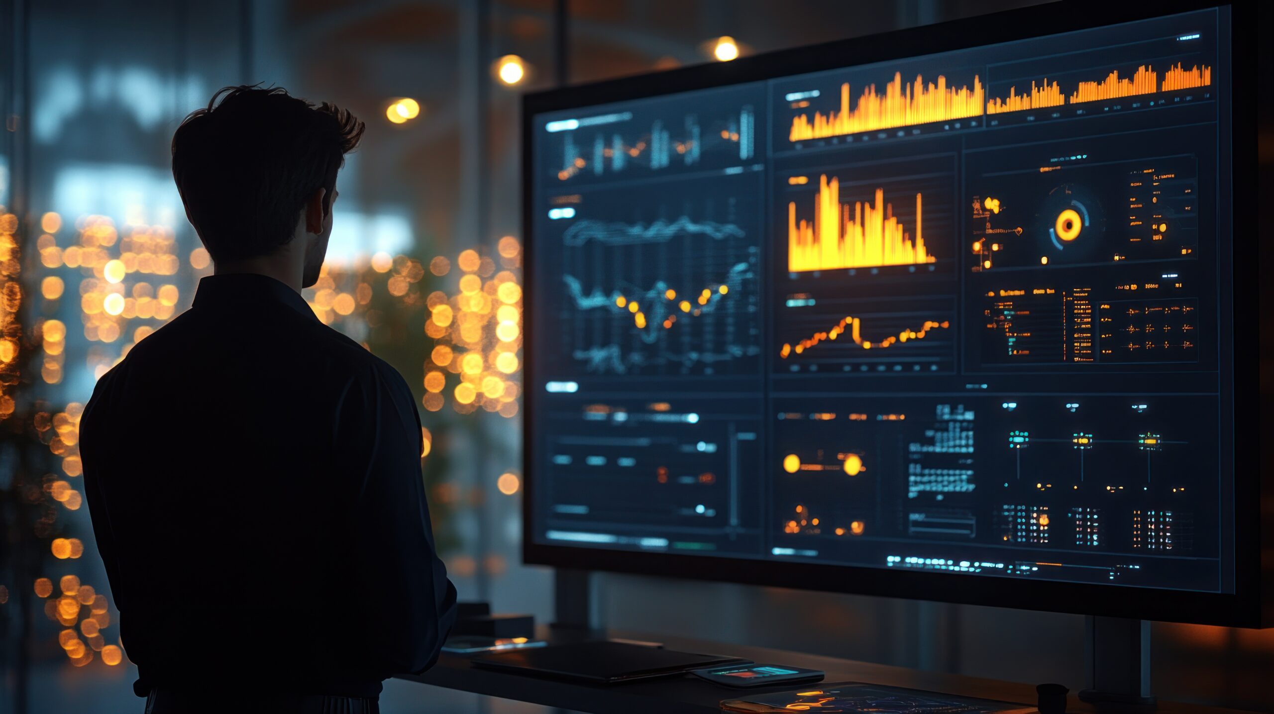 Avantra AIR — Predictive SAP System Trend Analysis IT-Experte, der ein Echtzeit-Analytics-Dashboard überprüft, auf dem Trenddaten und Muster der Systemleistung in einer „Dark Operations“-Umgebung angezeigt werden