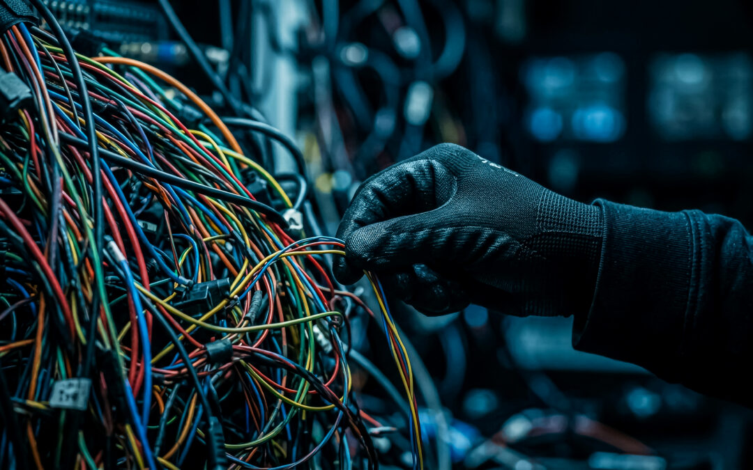 Technician's gloved hand navigating tangled multicolored cables representing the fragmented tools, inconsistent standards, and operational complexity of managing SAP across hybrid multi-cloud environments