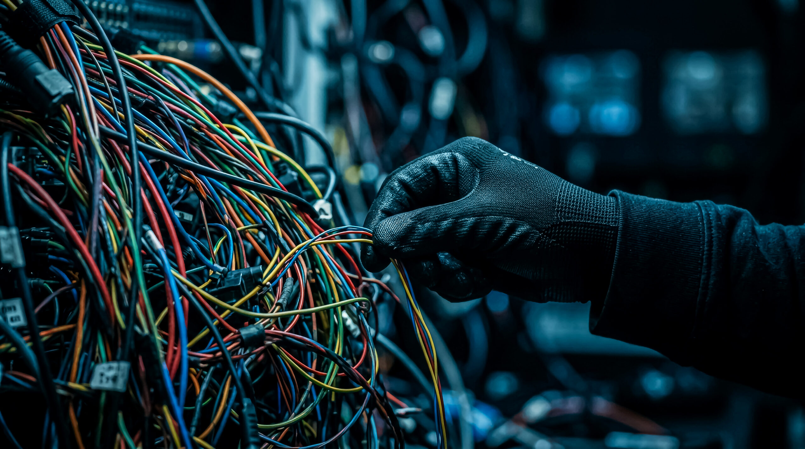 Technician's gloved hand navigating tangled multicolored cables representing the fragmented tools, inconsistent standards, and operational complexity of managing SAP across hybrid multi-cloud environments
