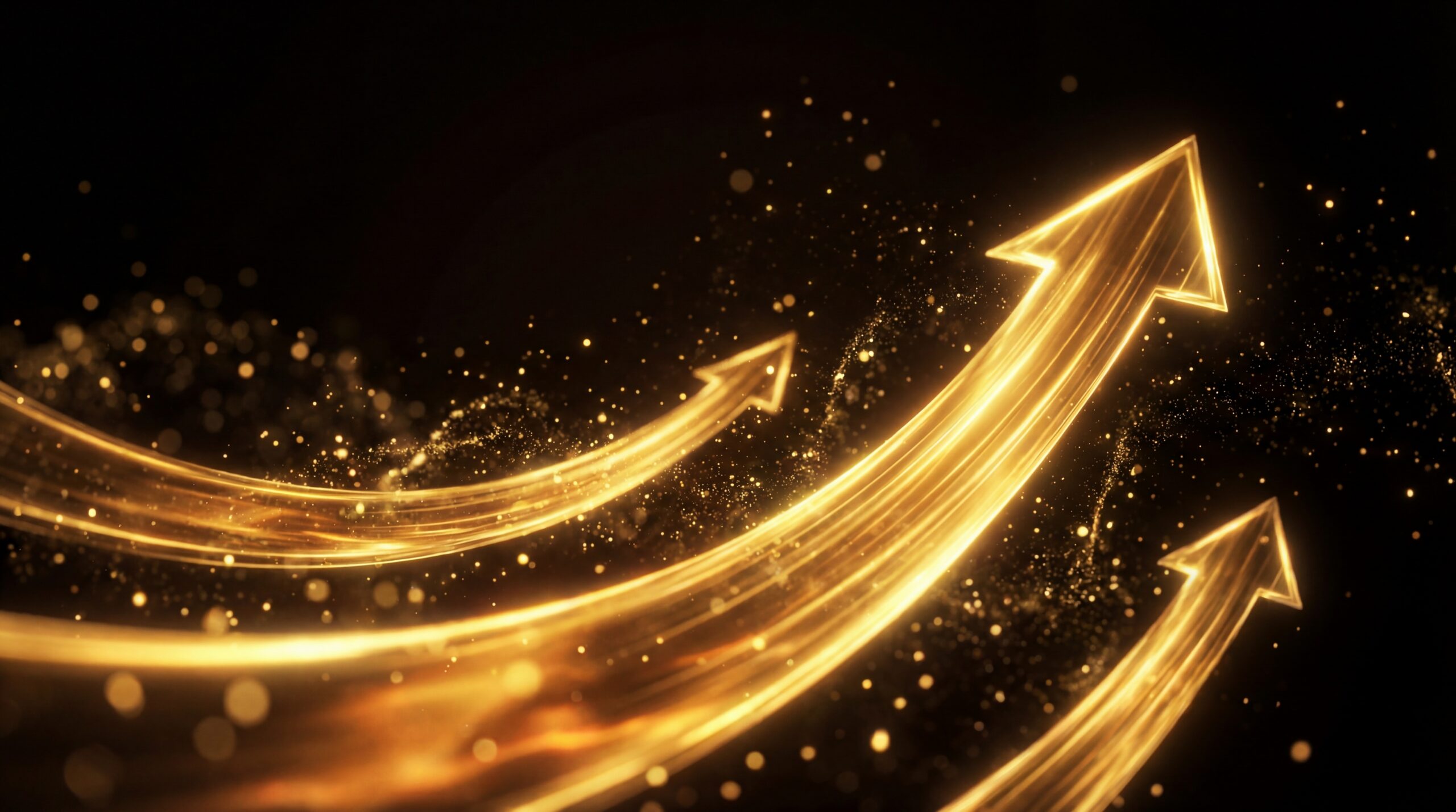 Upward gold light trails symbolizing Avantra's real-time SAP cloud cost visibility and spend predictability