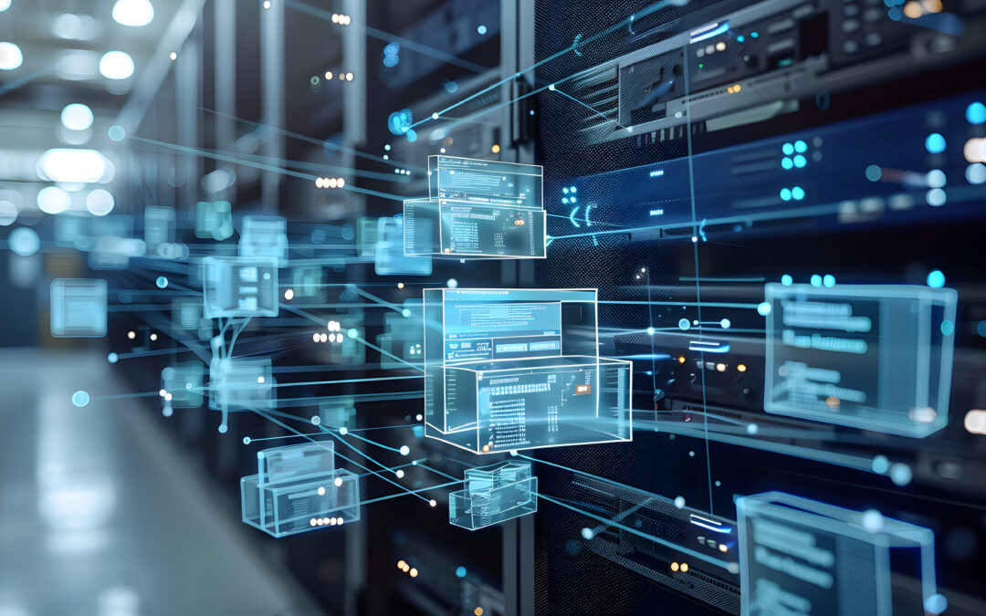 Floating digital data containers and system interfaces across server infrastructure representing the complexity of SAP HANA migration stages including sizing, data quality, and cutover risk