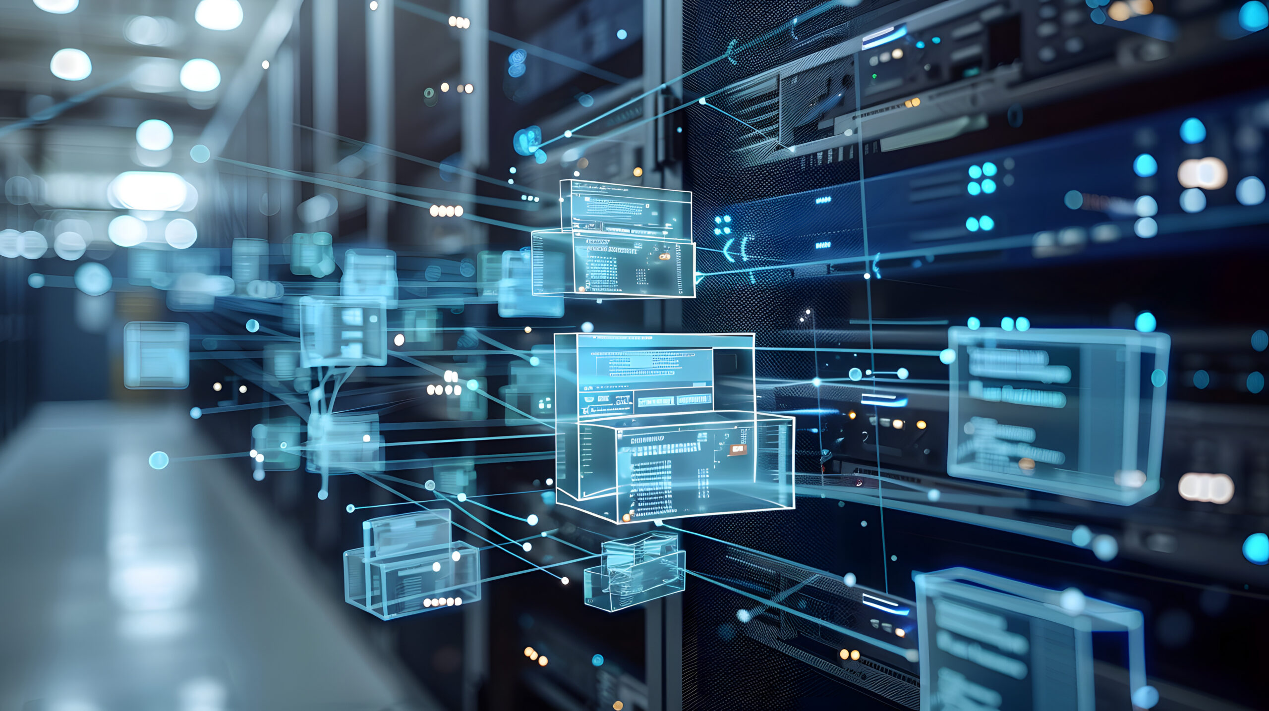 Floating digital data containers and system interfaces across server infrastructure representing the complexity of SAP HANA migration stages including sizing, data quality, and cutover risk