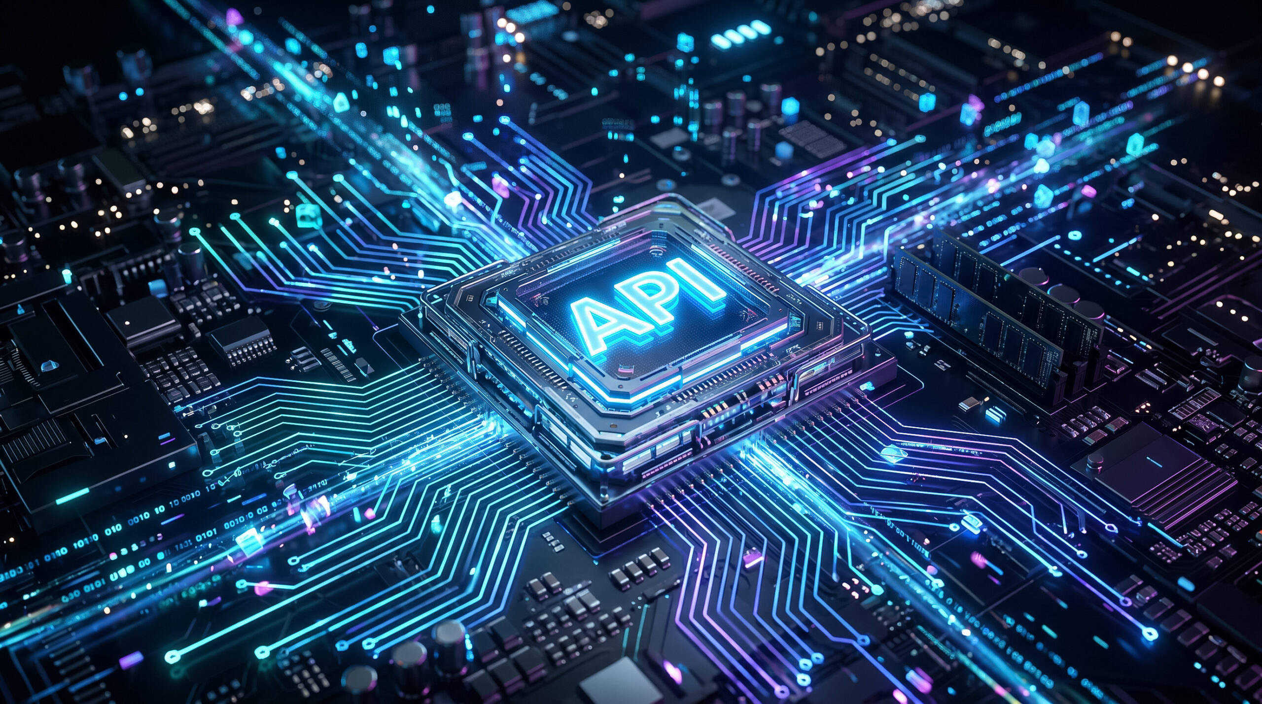Avantra API and ITSM Integration — ServiceNow, AWS, Azure, and Google Cloud Beleuchteter API-Prozessorchip auf einer Leiterplatte mit strahlenförmig verlaufenden Verbindungsleitungen, die die Integration von Unternehmenssystemen über ITSM- und Cloud-Plattformen hinweg veranschaulichen