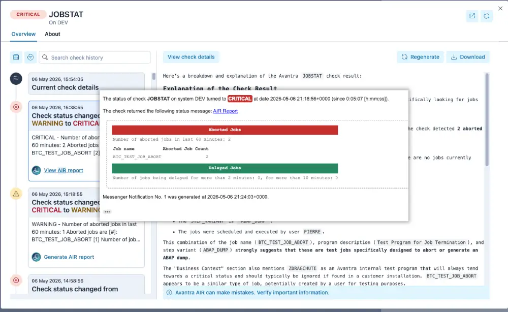 jobstat-new A monitoring report for SAP Shortdumps showing a Critical status. The analysis explains that 72,395 short dumps older than 7 days were detected, suggesting a failure in the SAP housekeeping or reorganization job.