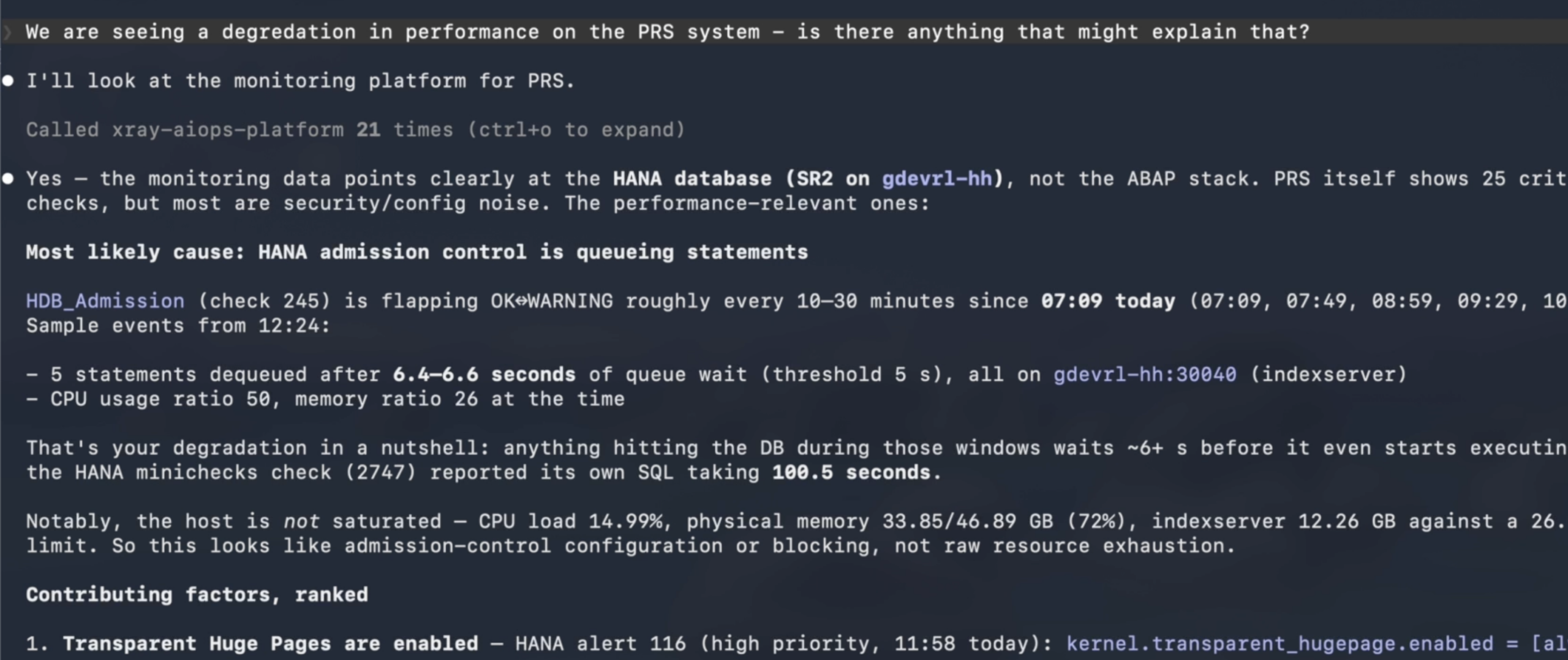 Avantra MCP Server investigating a HANA performance degradation in natural language