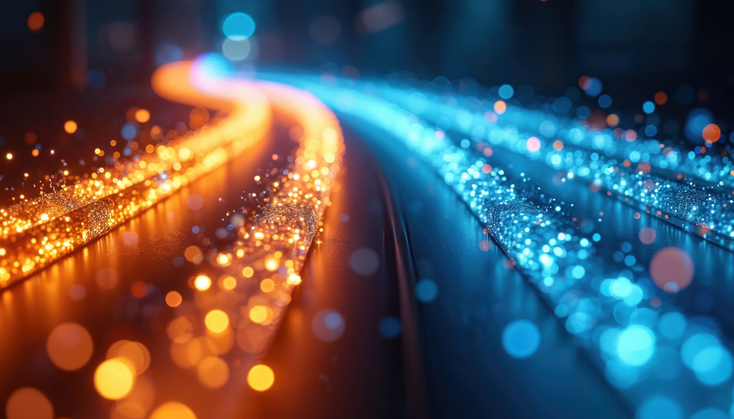 Parallel orange and blue digital light trails representing a secure hybrid SAP cloud migration.