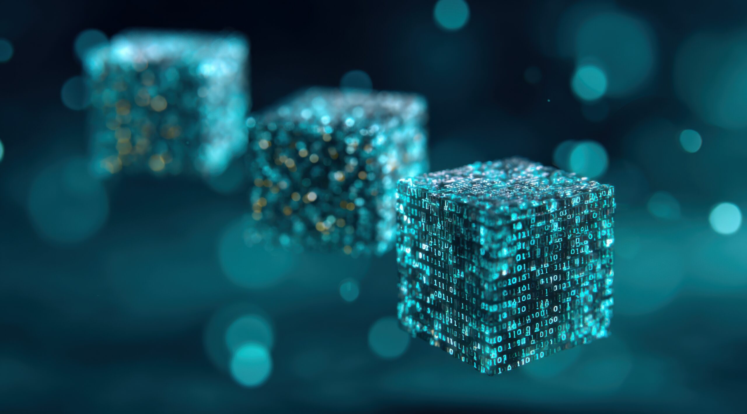 Floating 3D digital data cubes representing scalable SAP managed services and automation.