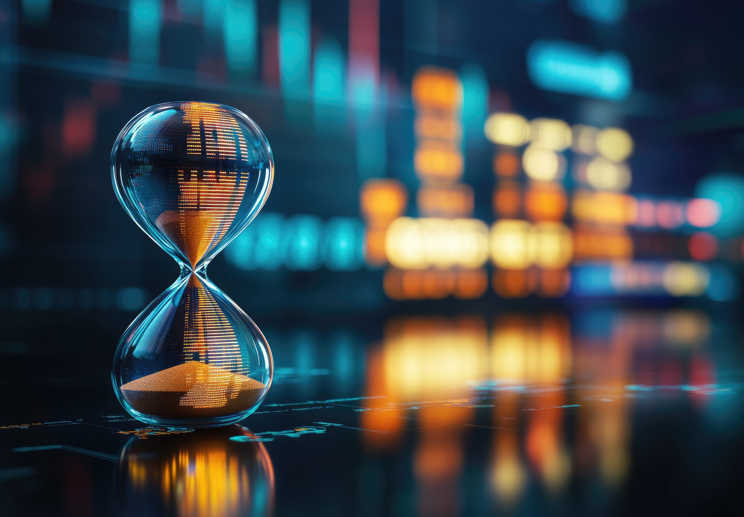Digital hourglass against technology data background representing the urgency of SAP S/4HANA modernization and ERP transformation timelines