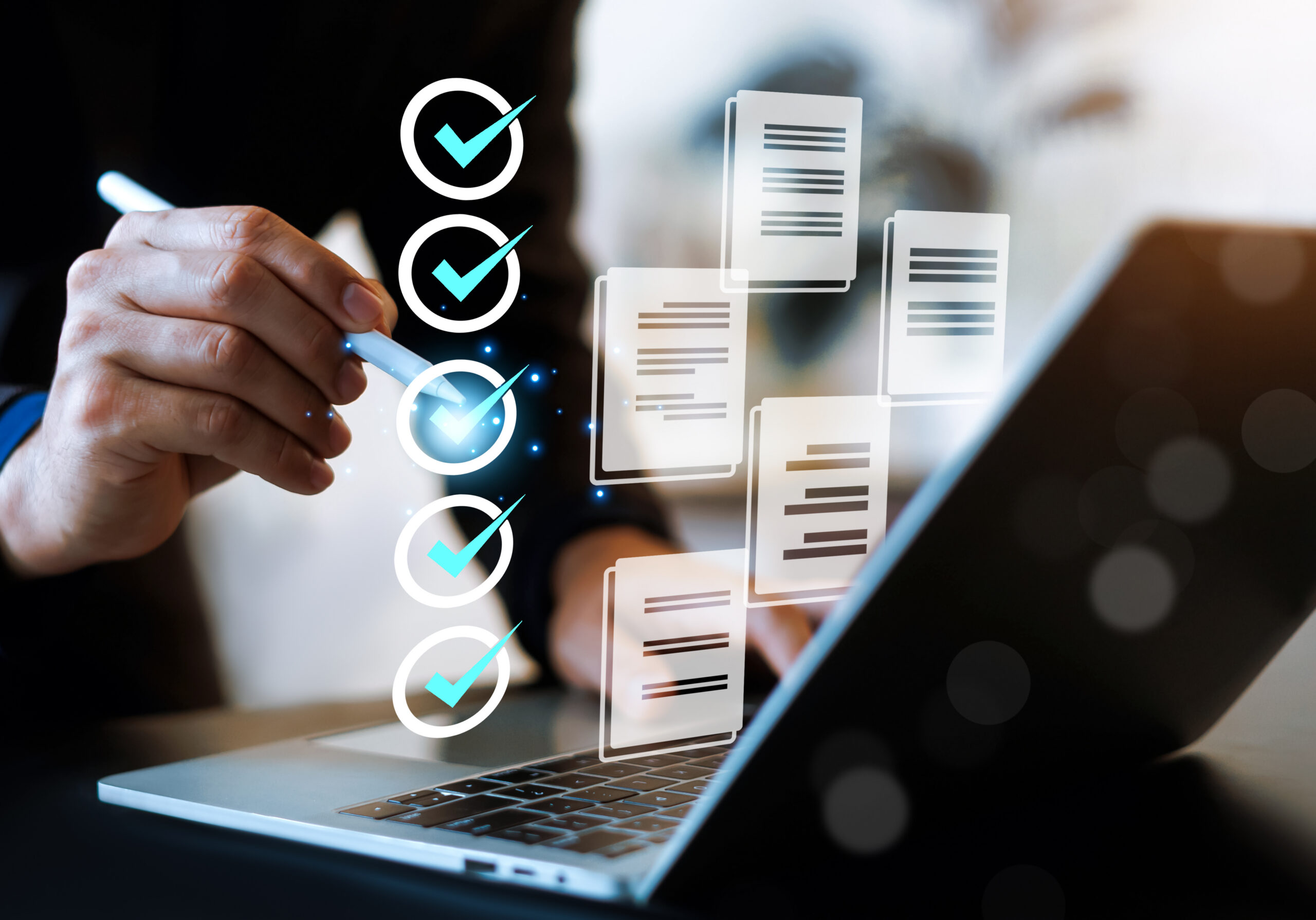Professional completing digital checklist on laptop with floating document icons representing structured SAP S/4HANA migration planning