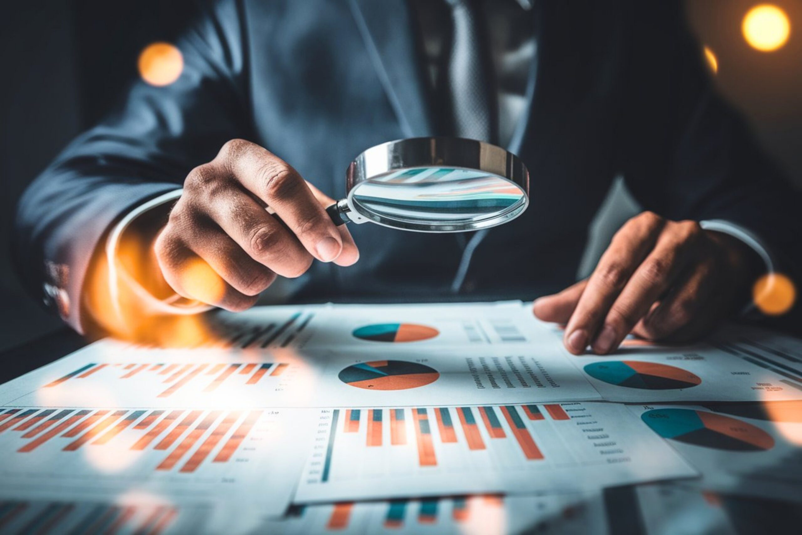 Business professional examining colorful data charts and graphs with magnifying glass representing SAP survey research findings