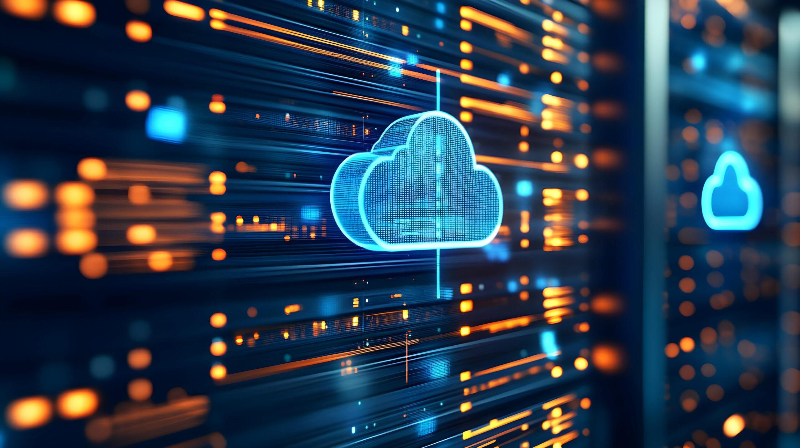 Hybrid SAP Estate Visibility — Cloud and On-Premises Monitoring Digitale Cloud-Symbole, die über eine beleuchtete Serverinfrastruktur gelegt sind und die einheitliche Überwachung der Hybrid-Cloud- und lokalen SAP-Umgebung darstellen