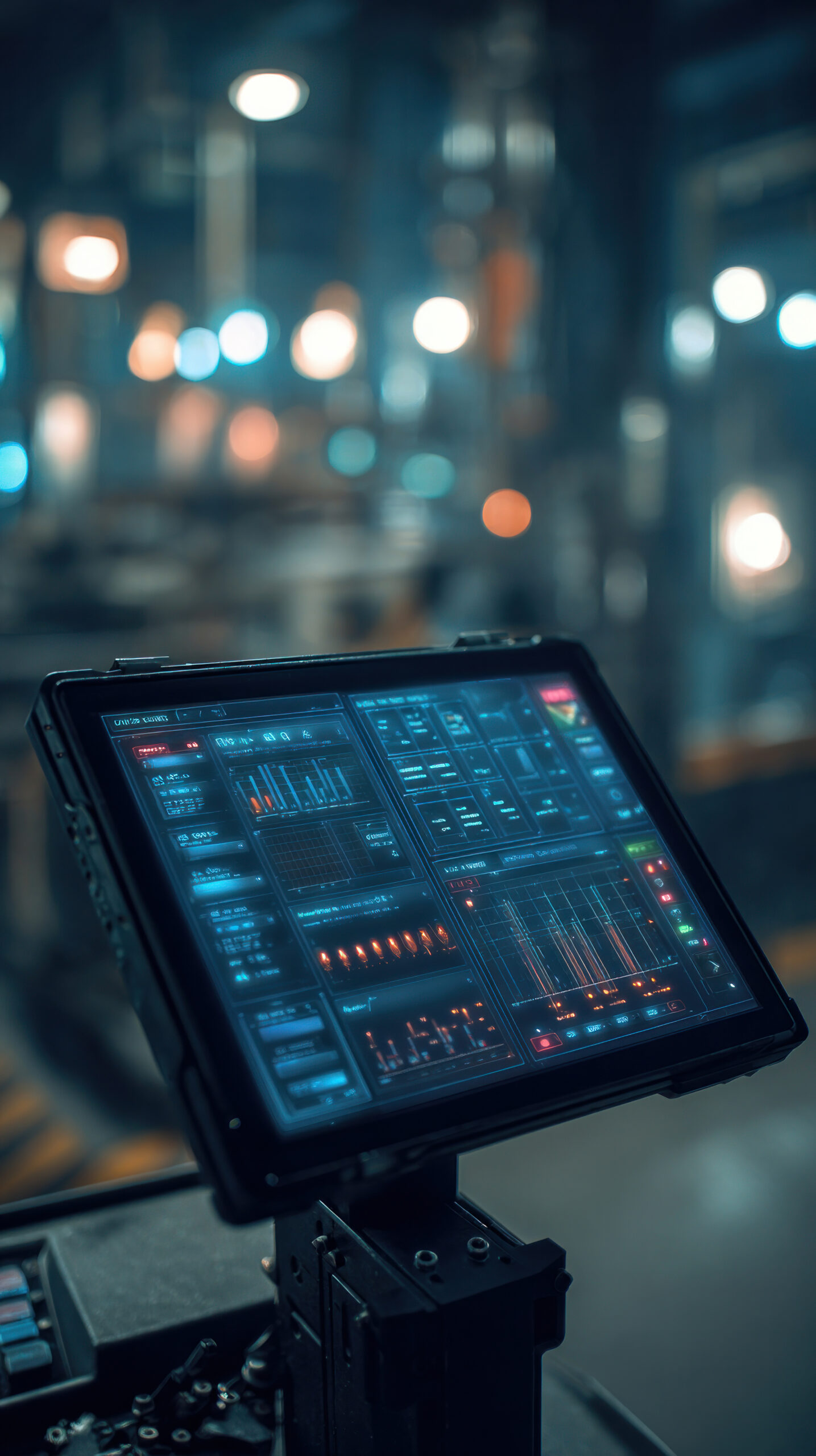 Tablet screen displaying AI-driven machine health analytics, secured to robotic control station, vertical composition with industrial lights, blue ambient tone Dashboard zur Überwachung industrieller Betriebsabläufe, das in einer „Dark Enterprise“-Umgebung Systemkennzahlen und Warnmeldungen in Echtzeit anzeigt