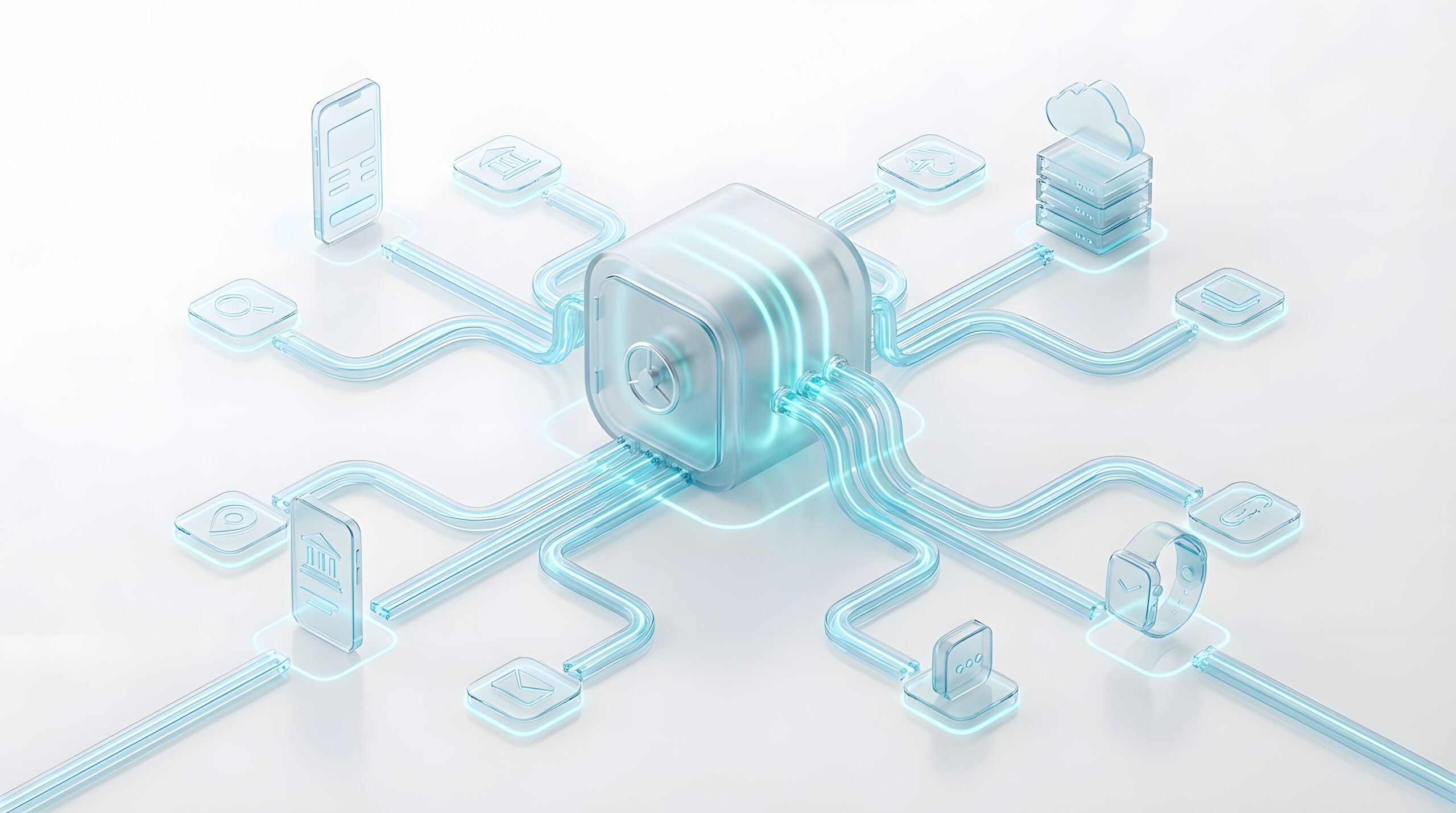 A clean 3D isometric glass hub connecting to multiple endpoint icons representing unlimited API integration.