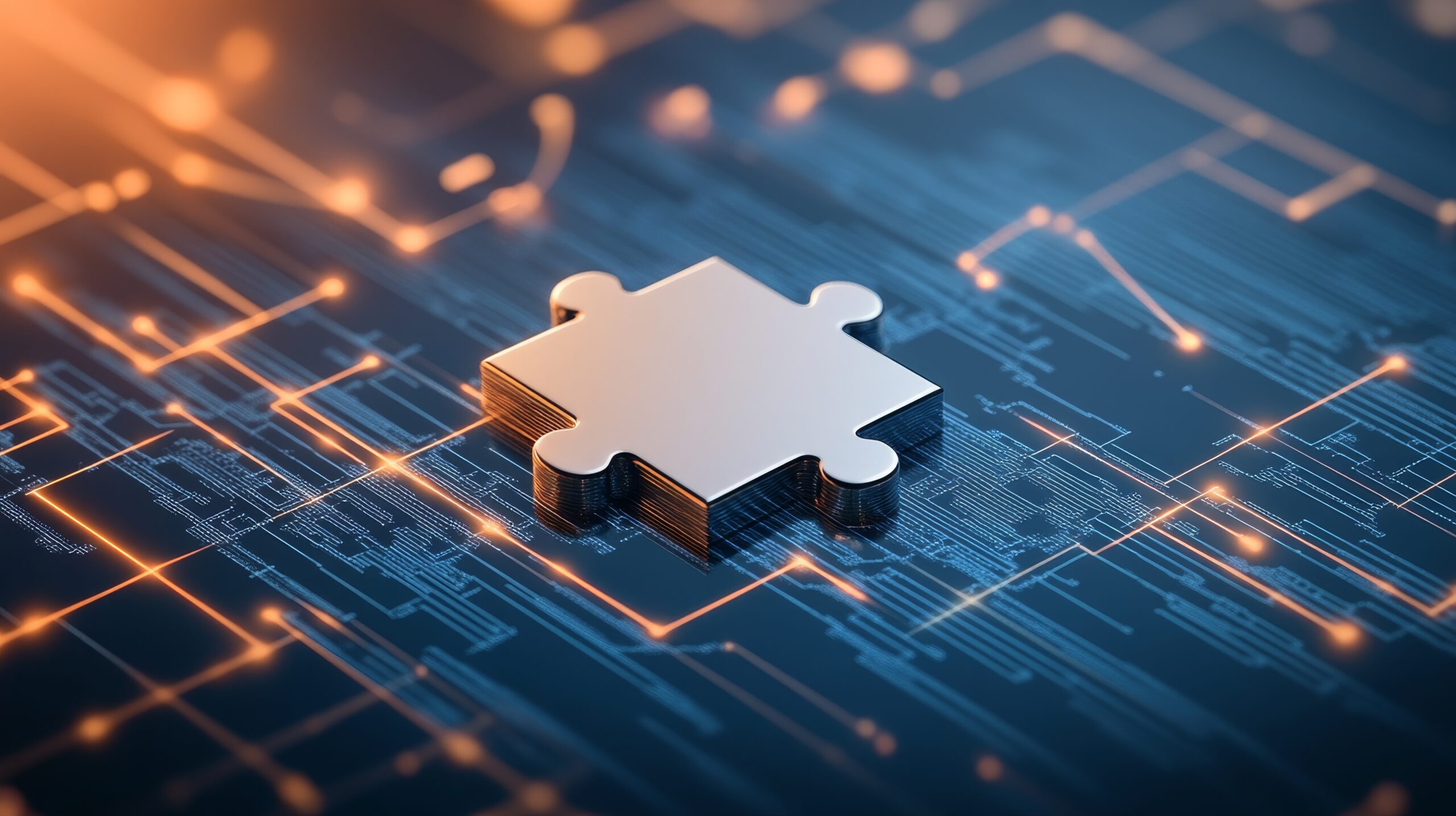 3D chrome puzzle piece on a glowing circuit board representing automated SAP patching and software notes.
