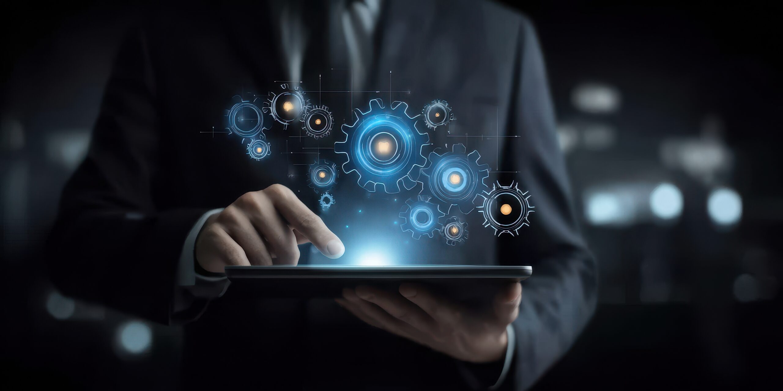 Business professional activating interconnected digital gear mechanisms on a tablet representing intelligent workflow automation and AIOps for RISE with SAP operations