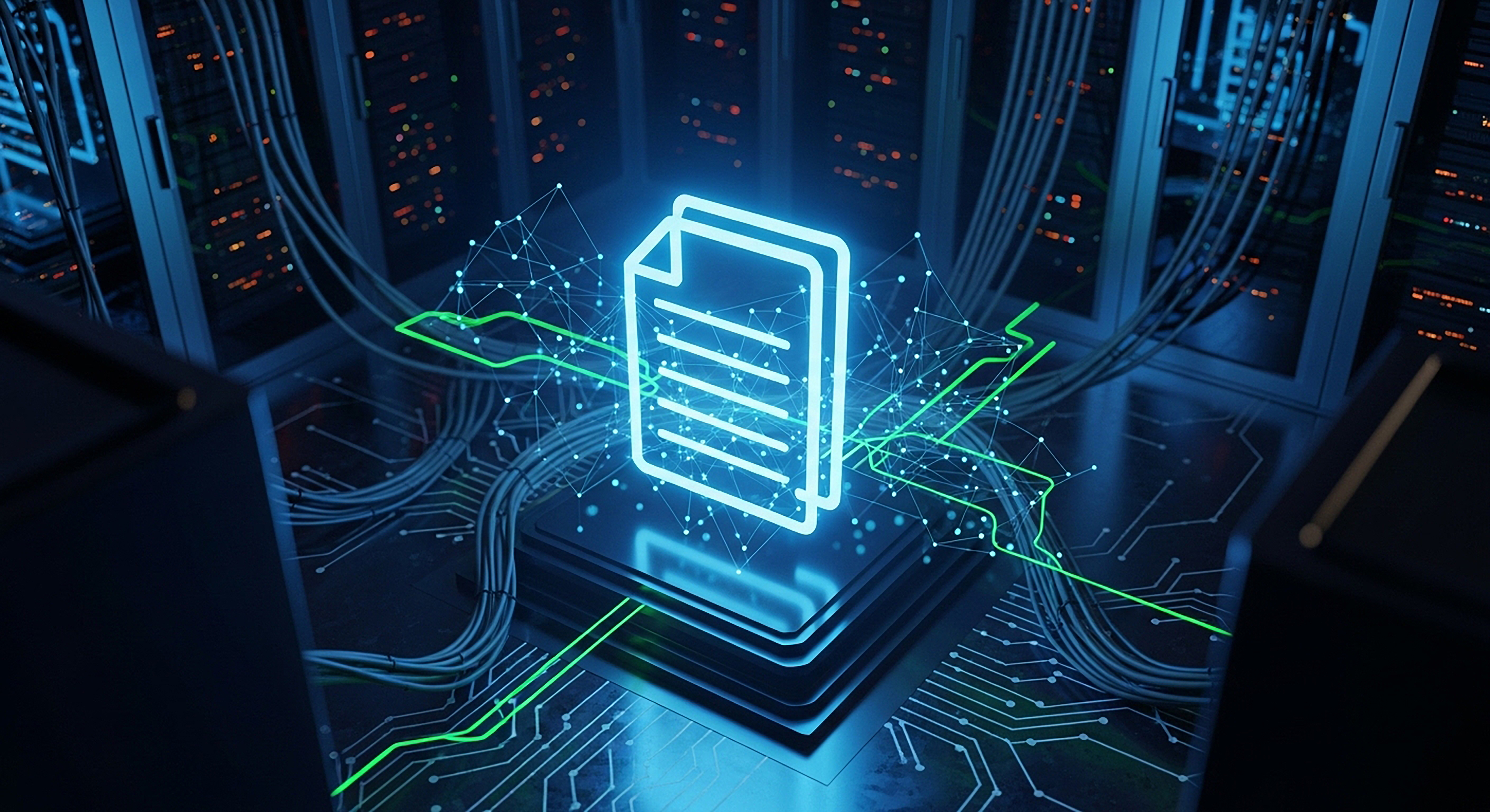 Illuminated document icon amid server infrastructure and network connections representing the contractual and operational complexity of RISE with SAP hybrid environments