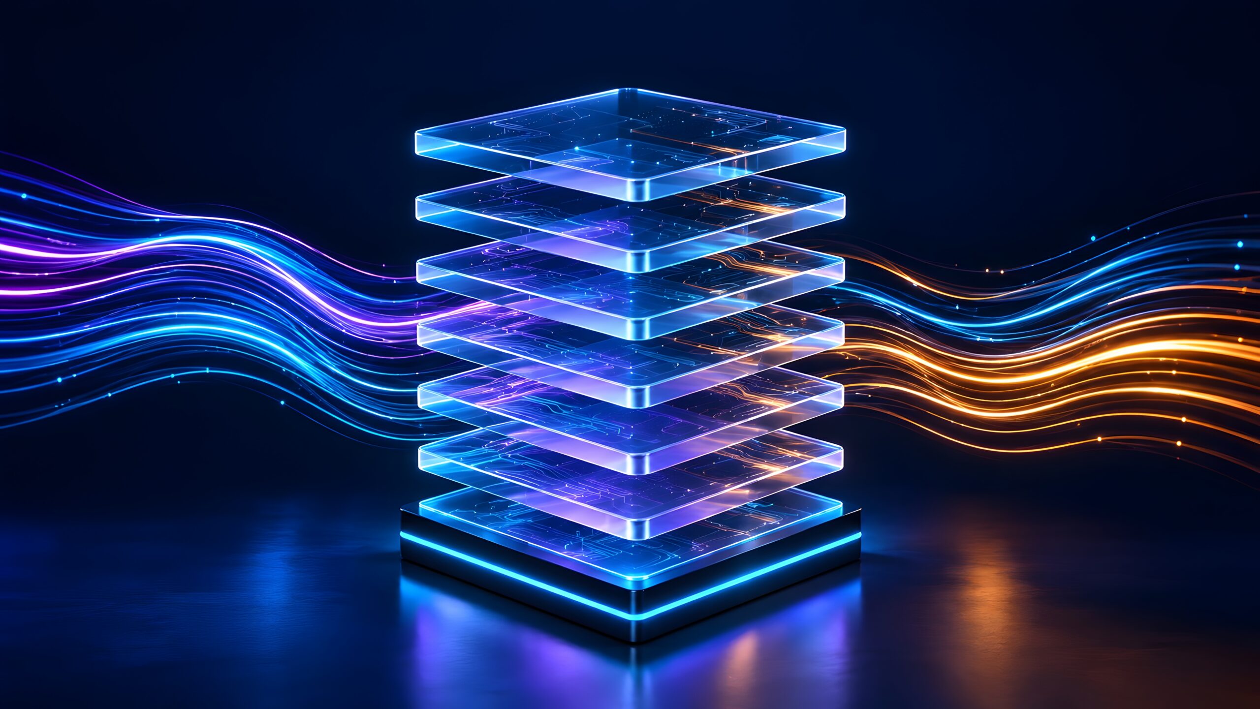 Illuminated isometric data stack layers processing high speed information streams in a futuristic digital environment RISE with SAP security monitoring