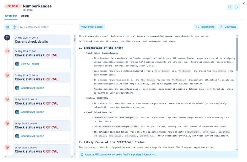 root-cause A monitoring report for SAP Shortdumps showing a Critical status. The analysis explains that 72,395 short dumps older than 7 days were detected, suggesting a failure in the SAP housekeeping or reorganization job.