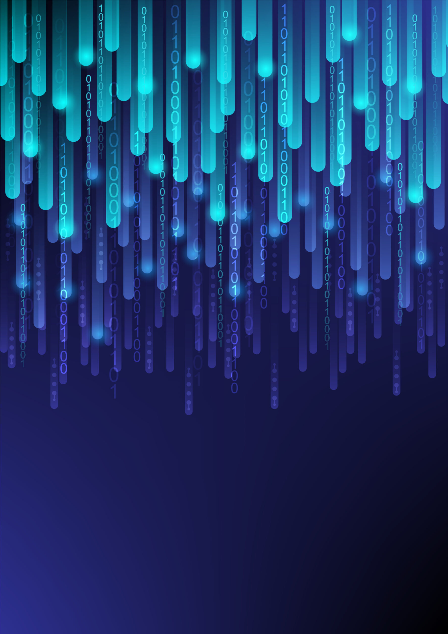 Cascading digital data streams in blue representing the continuous flow of system activity and complexity during SAP S/4HANA migration projects