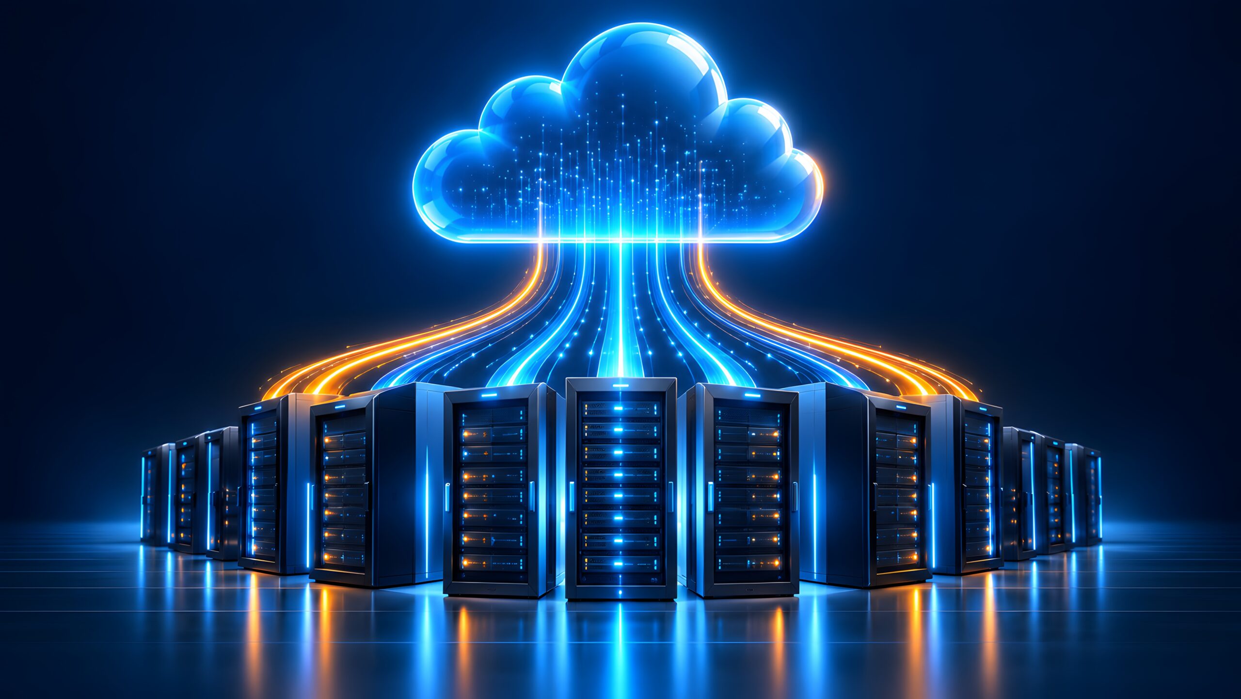 Glowing blue cloud symbol connecting to server racks with bright light streams. Concept of enterprise cloud computing and data center infrastructure. S/4HANA Migration Monitoring