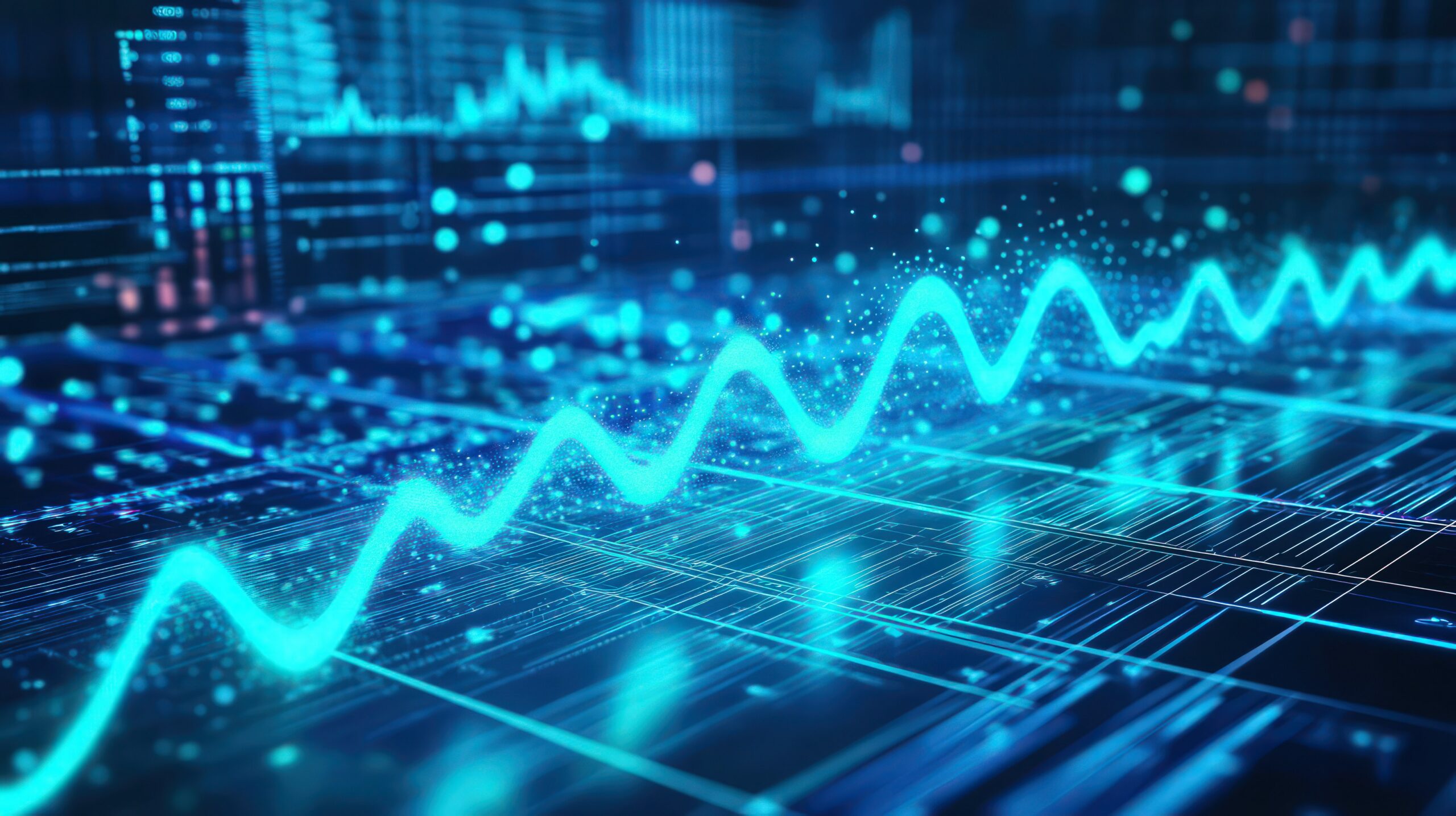 A continuous glowing digital pulse over a complex data grid representing SAP S/4HANA migration continuity.