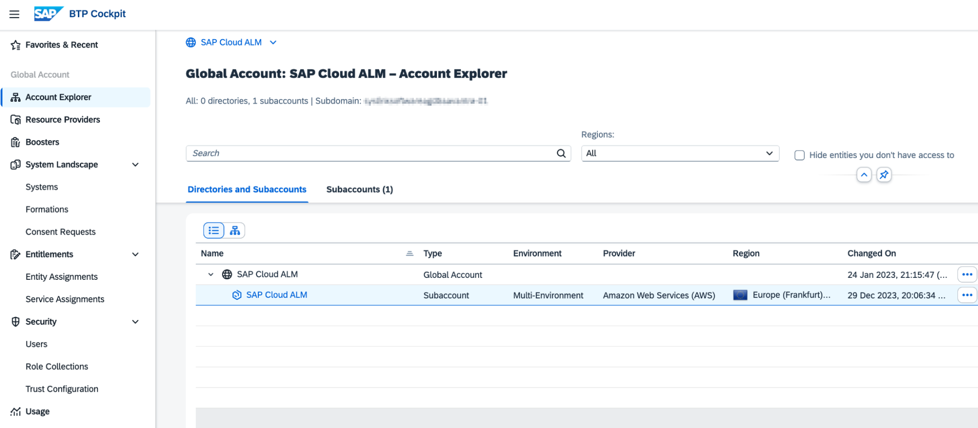 Screenshot of the SAP BTP Cockpit interface showing the Global Account Explorer for SAP Cloud ALM setup as an AWS subaccount.