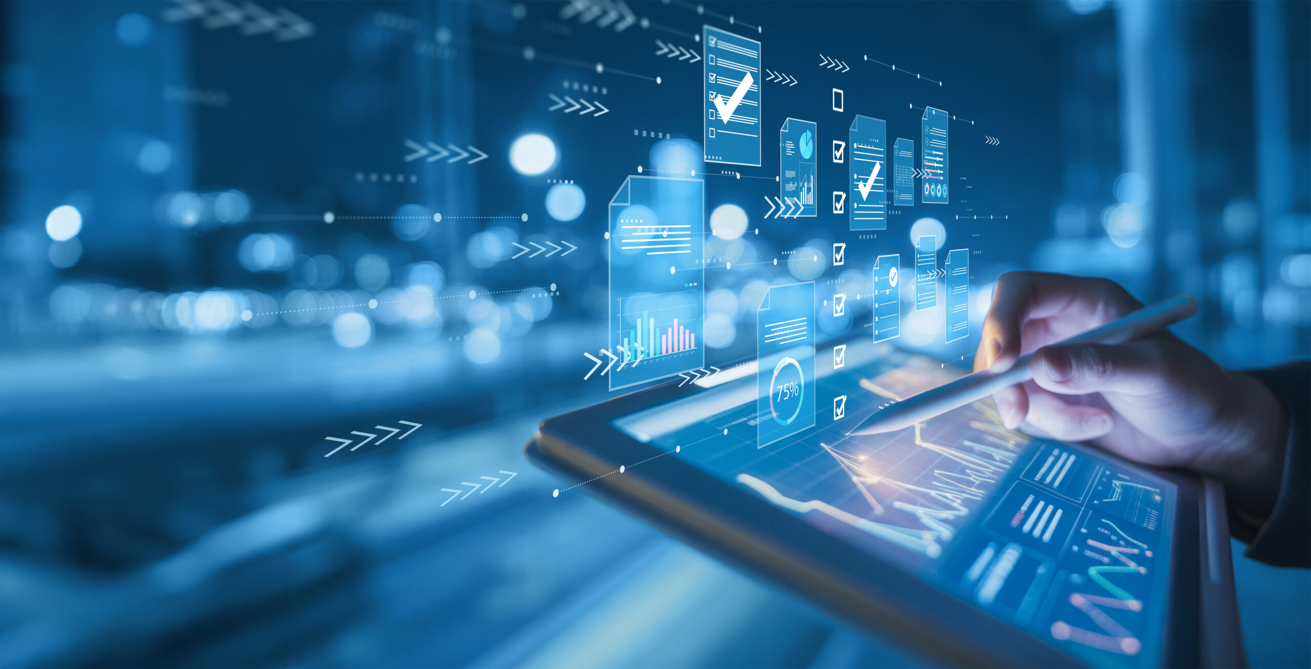 Professional using tablet to access unified cloud dashboards and automated workflows representing single-pane visibility and intelligent automation across SAP and multi-cloud landscapes