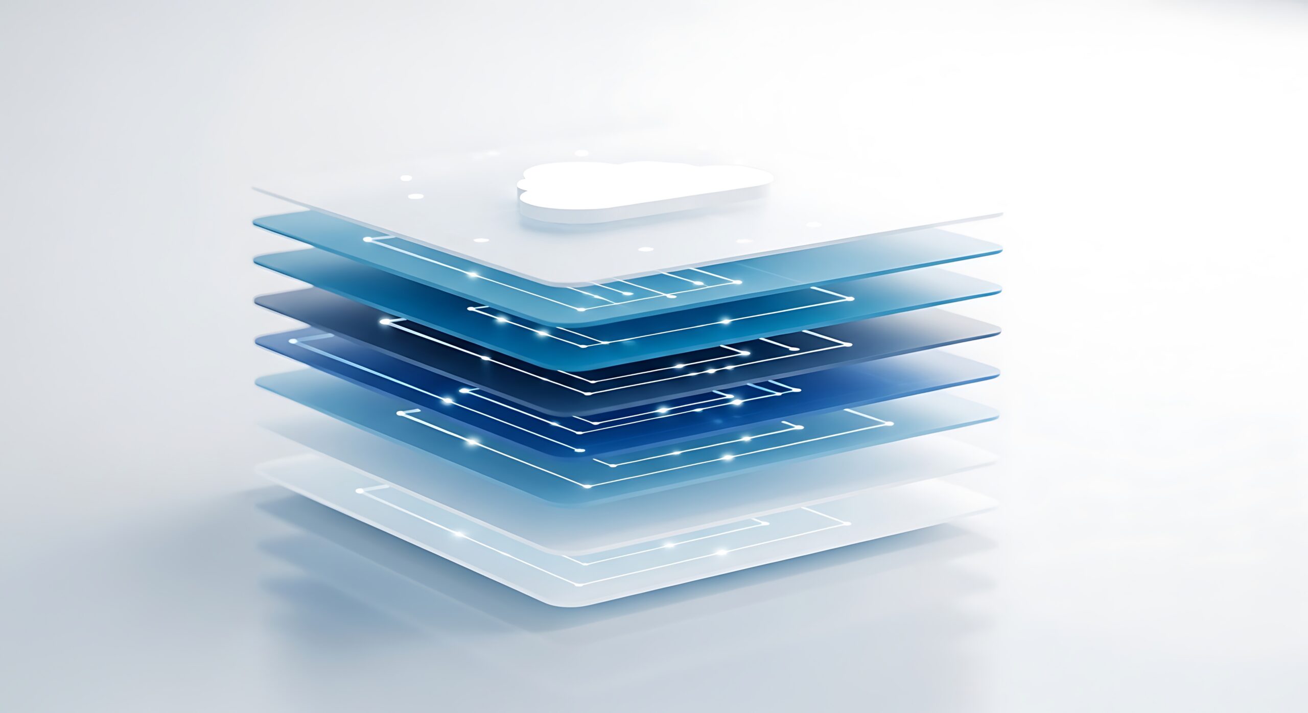 Stacked transparent layers with a cloud icon representing SAP FinOps and cloud ERP cost optimization.