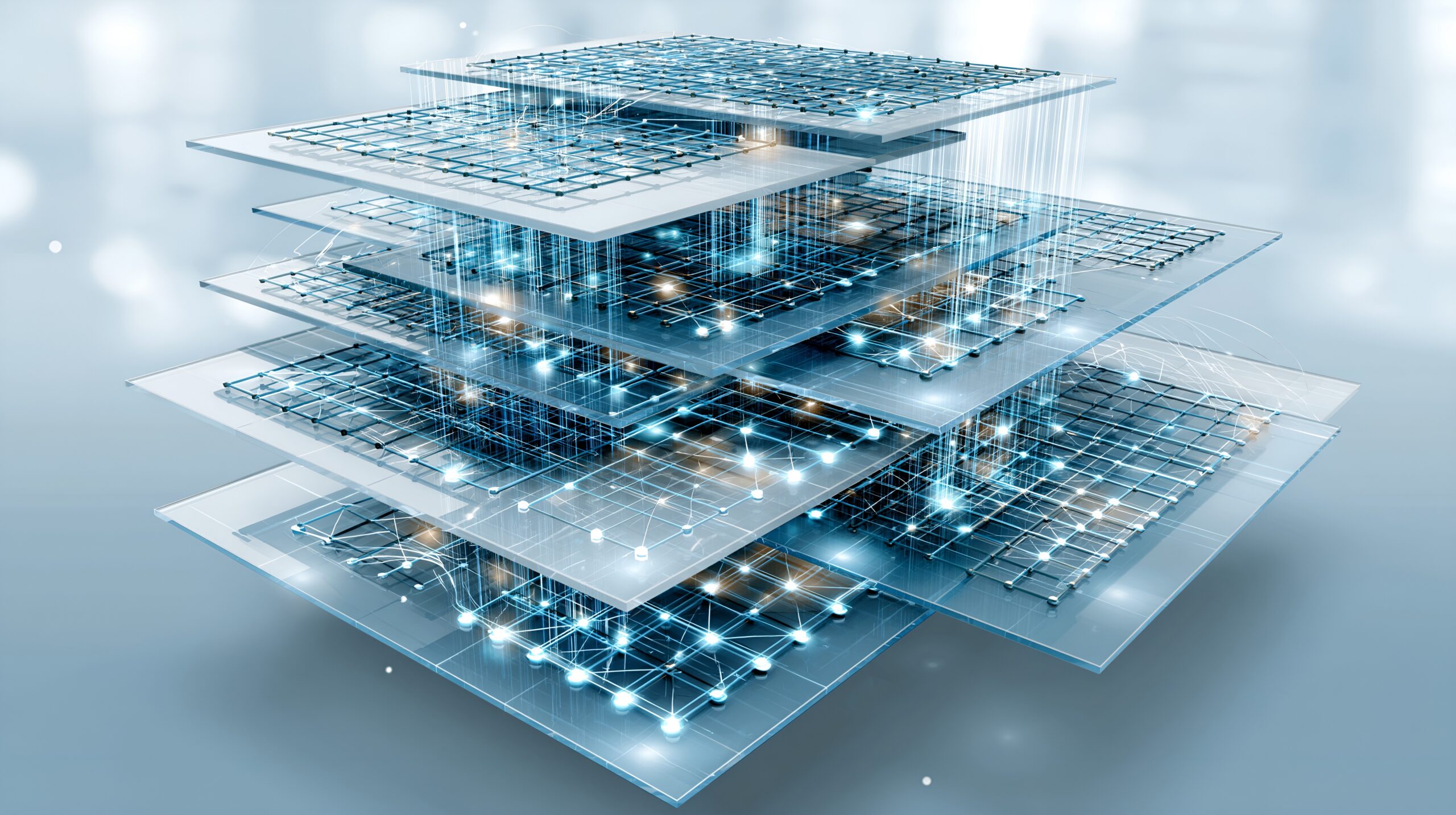 Stacked transparent digital layers representing hybrid SAP operations and cloud ERP transformation.