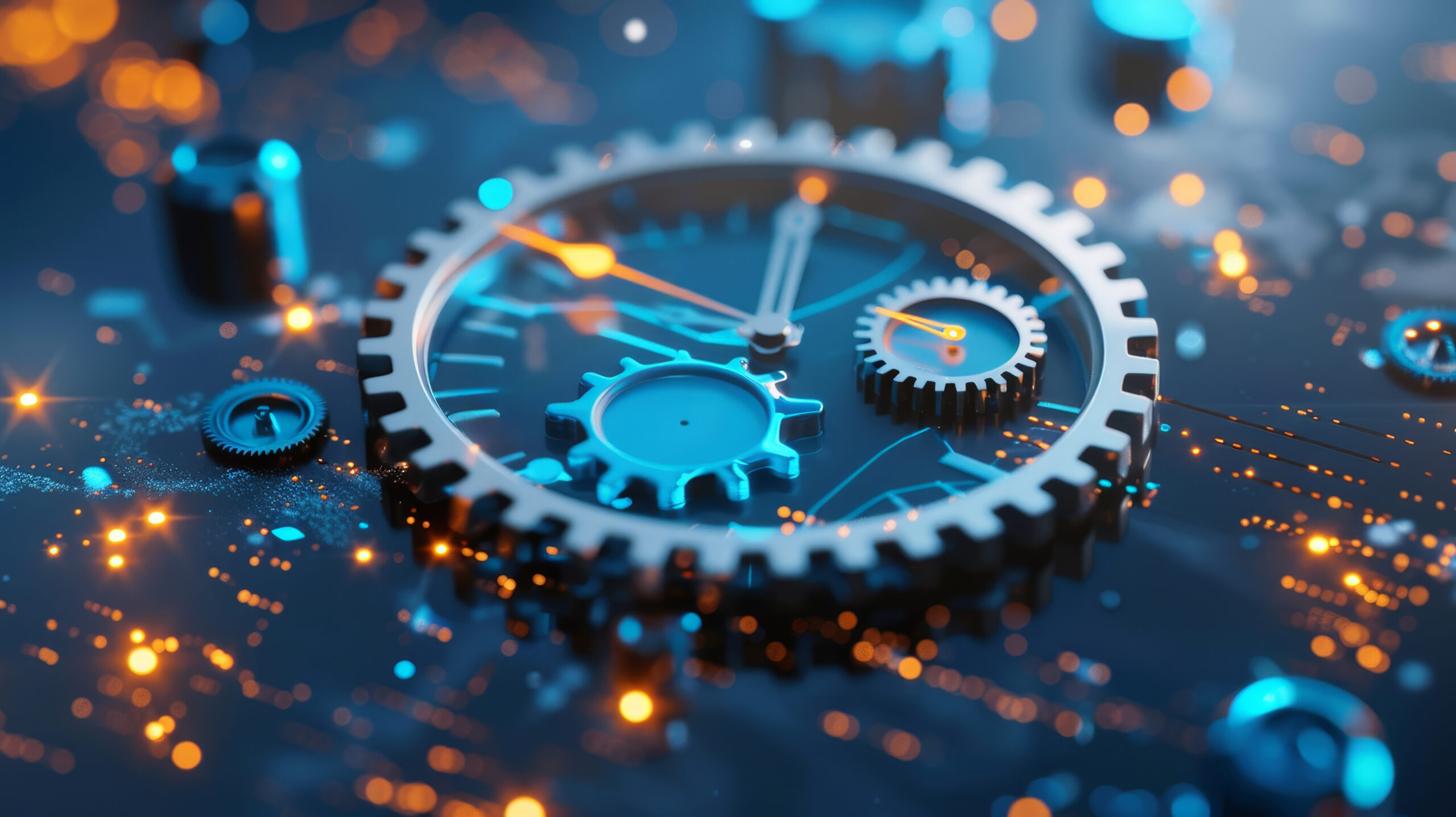 Glowing 3D digital gears representing SAP Landscape Manager automation and the 2027 end of support deadline.