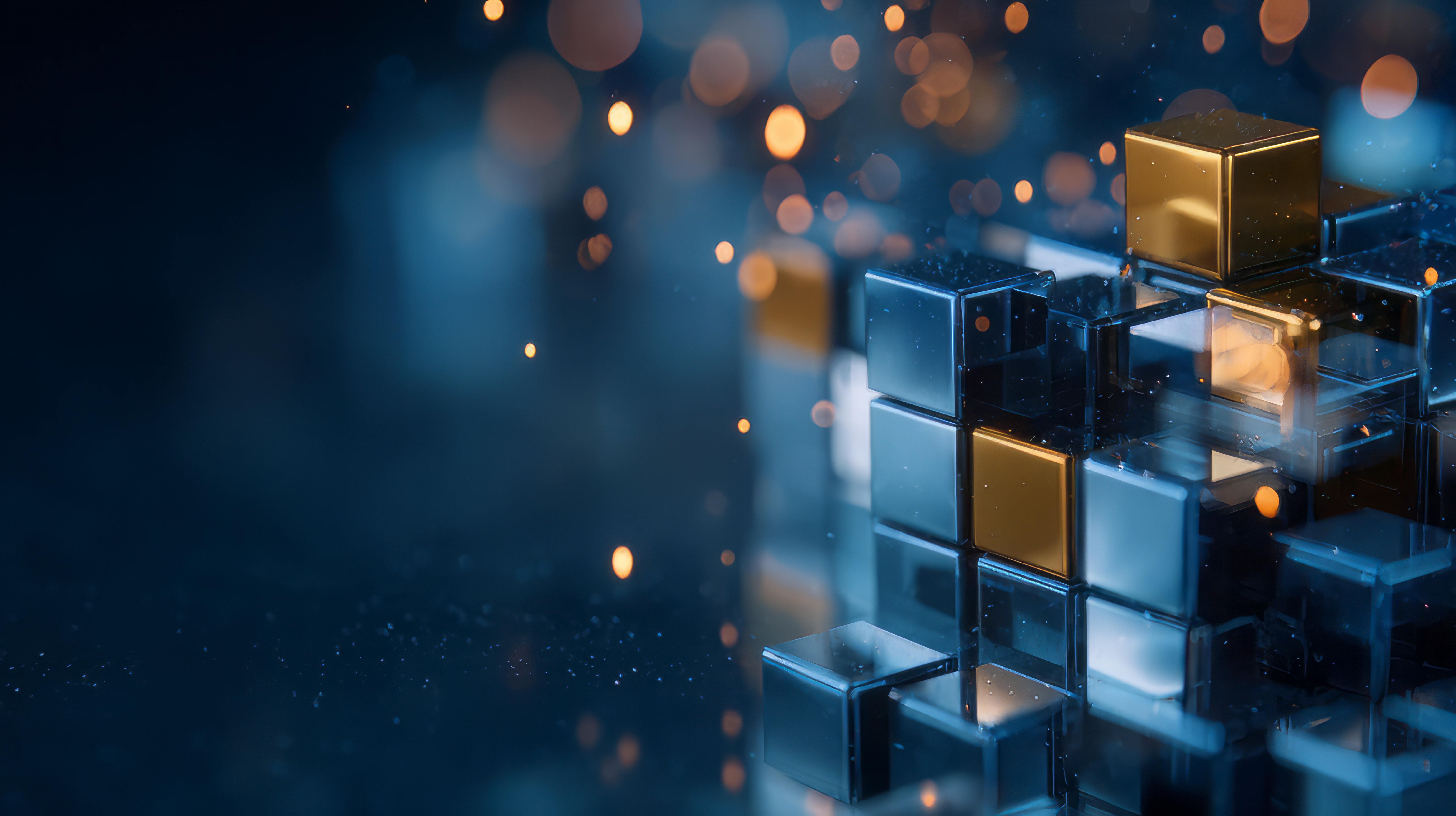 Abstract digital structure built from glowing blue and gold metallic cubes representing big data complexity and technology Abstract 3D render of blue glass cubes with gold accents, representing a stable, modular SAP operations foundation