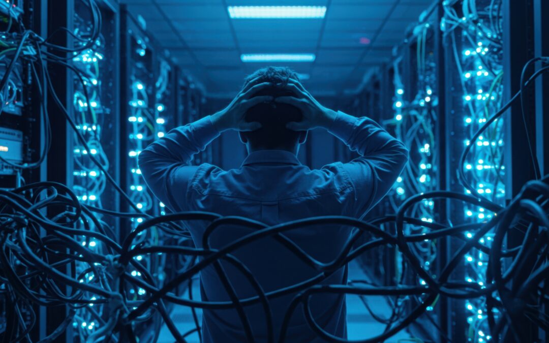 Overwhelmed IT administrator standing in chaotic server room with hands on head representing the strain of manual SAP monitoring, reactive operations, and escalating downtime risk