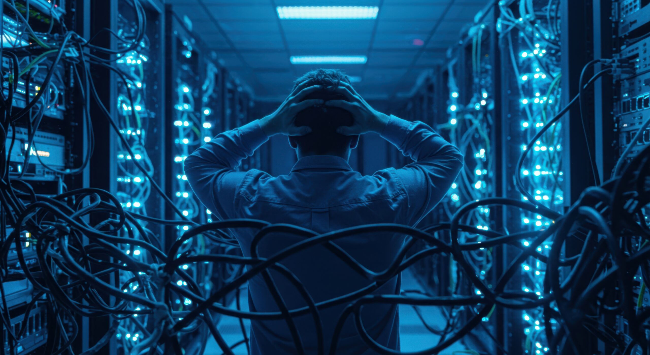 Overwhelmed IT administrator standing in chaotic server room with hands on head representing the strain of manual SAP monitoring, reactive operations, and escalating downtime risk