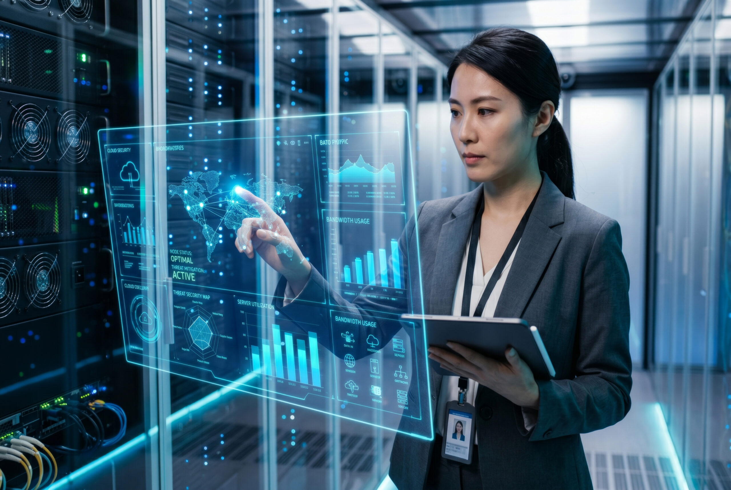 Female IT professional confidently operating a holographic SAP monitoring dashboard in a server room representing proactive automated operations and full landscape visibility