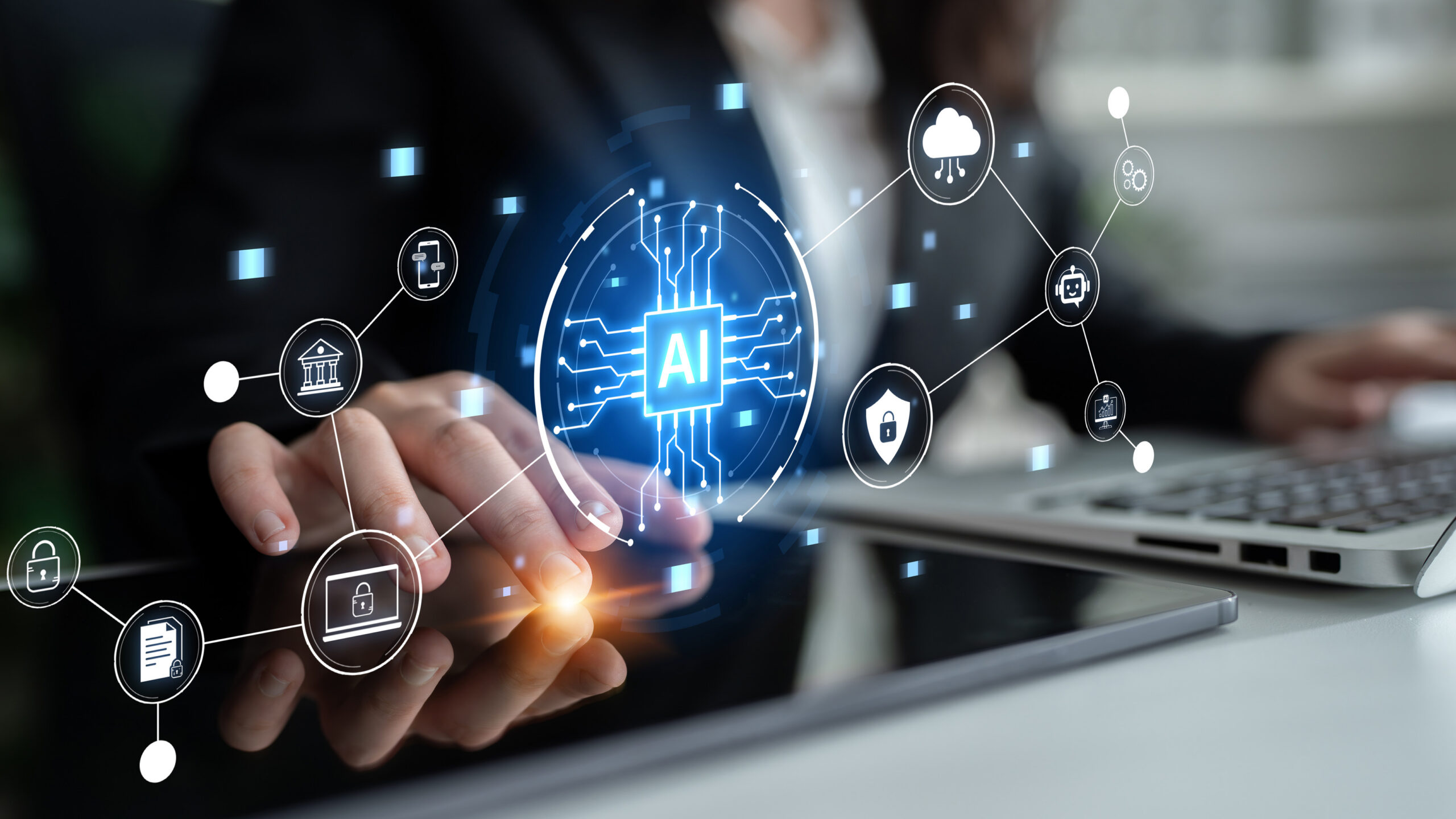 Business professional activating an AI-powered hub connecting cloud, security, automation, and enterprise capabilities representing a modern SAP automation-first operating model